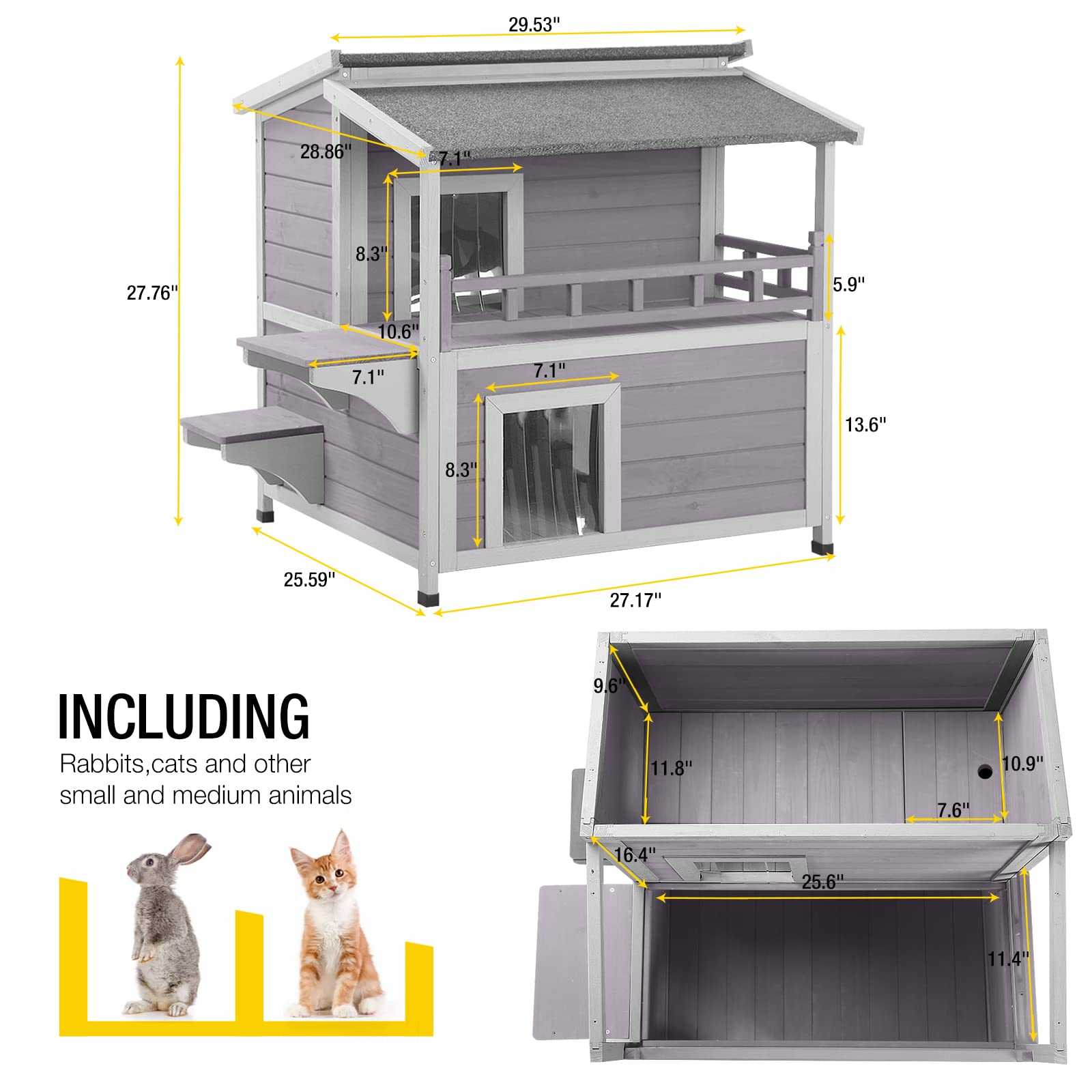 Aivituvin 2 Story Cat House Enclosure With Large Balcony, Indoor Cat Condo Outdoor Cat Shelter, Wooden Kitty Home With Pvc Door Strip