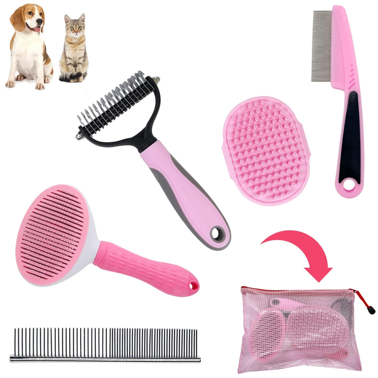 Master Queen Dog Grooming Kit - Deshedding Brush For Short Hair, Slicker Brush, Flea Comb, Puppy Brush Set In Pink