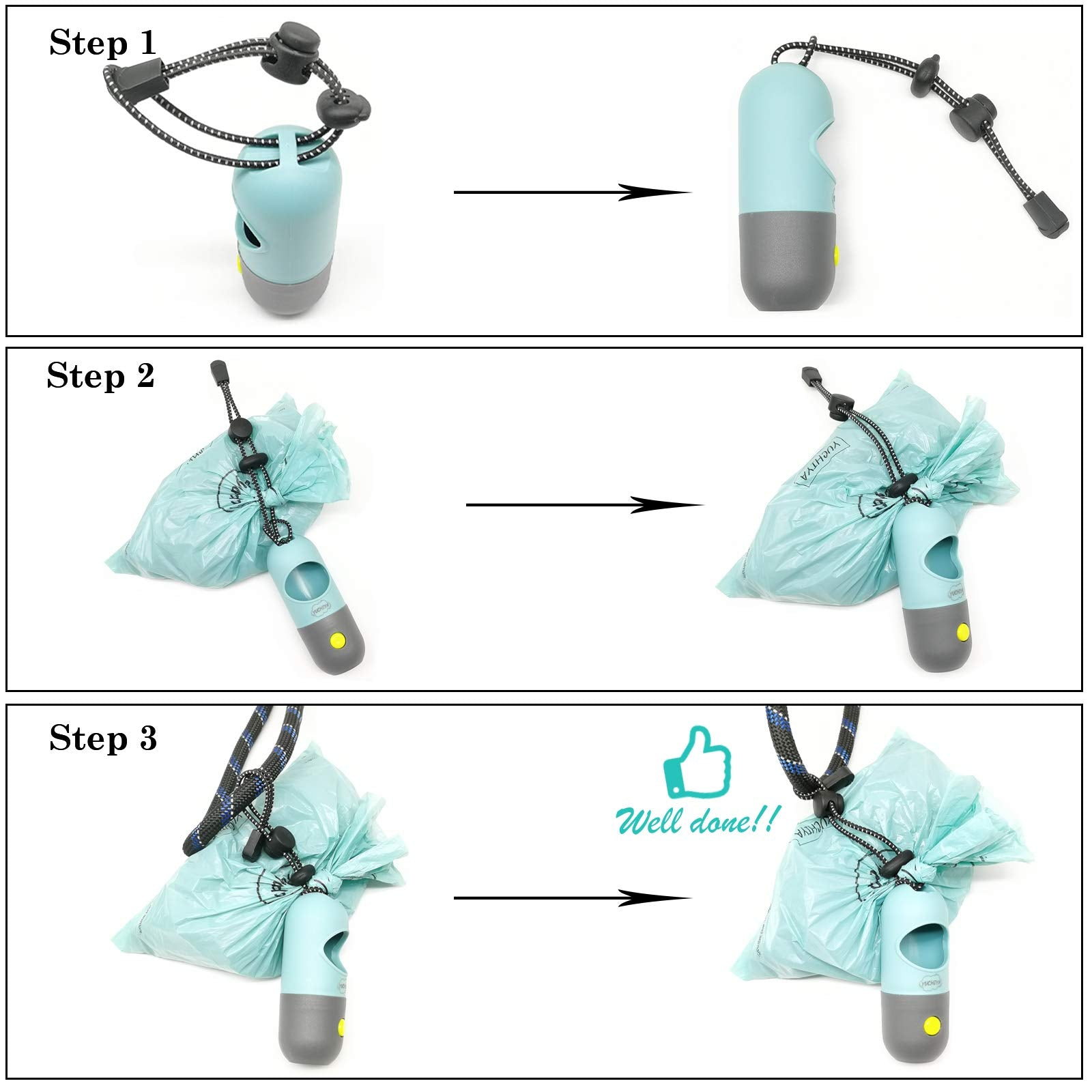 Dog Poop Bags Holder With Led Flashlight|Pet Waste Bags Dispenser For Leash|Doggie Potty Bags Container With Leak-Proof Pet Trash Bags And Accessories (1 Holder 15 Bags, Crystal Blue)