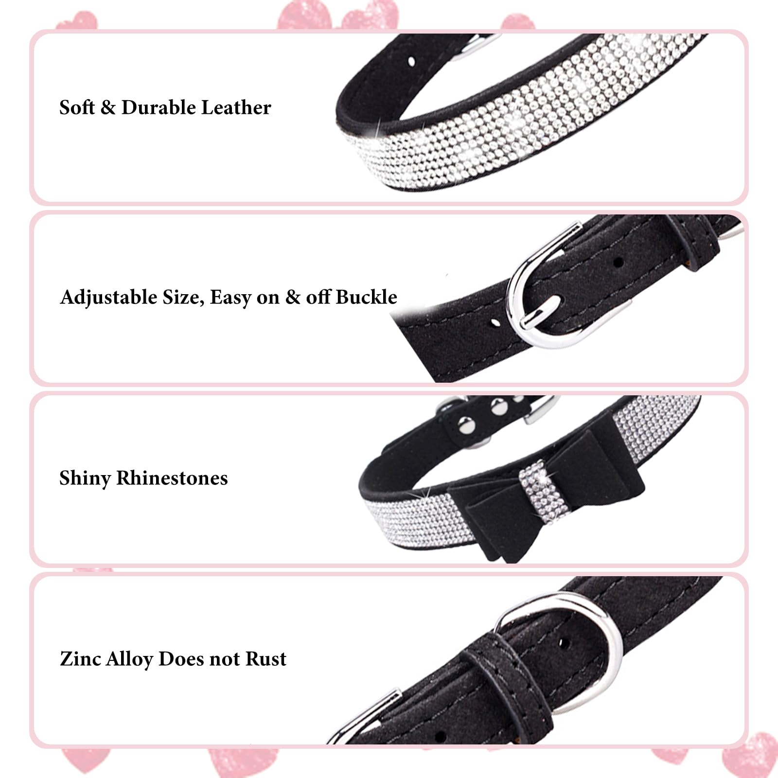 Black Bling Xxs Dog Collar, 2-Pack Rhinestone Kitten Collar Soft Suede Glitter Diamond Jewelry Crystal Girl Puppy Collar With Bo