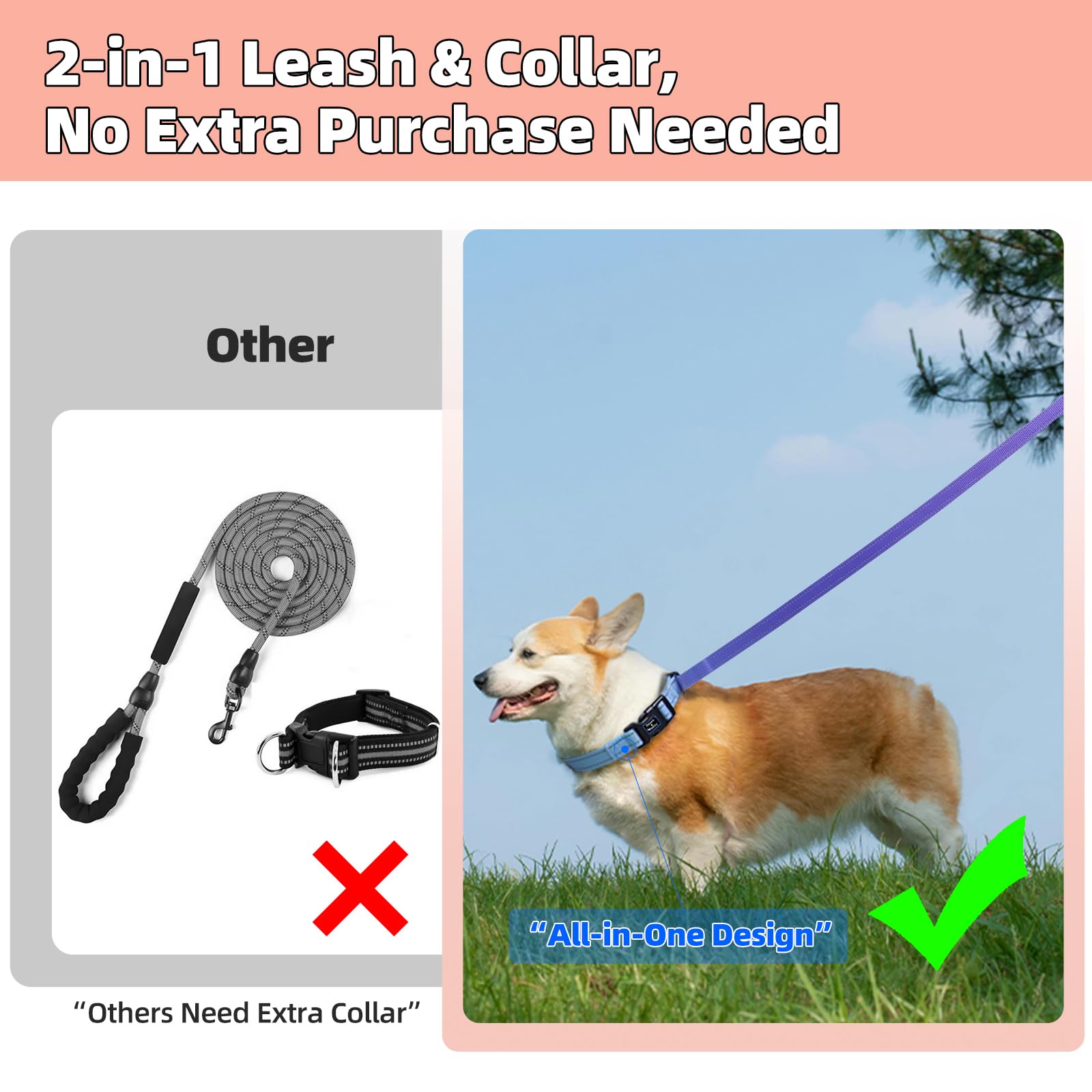 Roses&Poetry Hands Free Dog Leash For Small Dogs, All-In-One Leash & Collar 6.6-8.7Ft Adjustable Waist Crossbody Leash For Dog W
