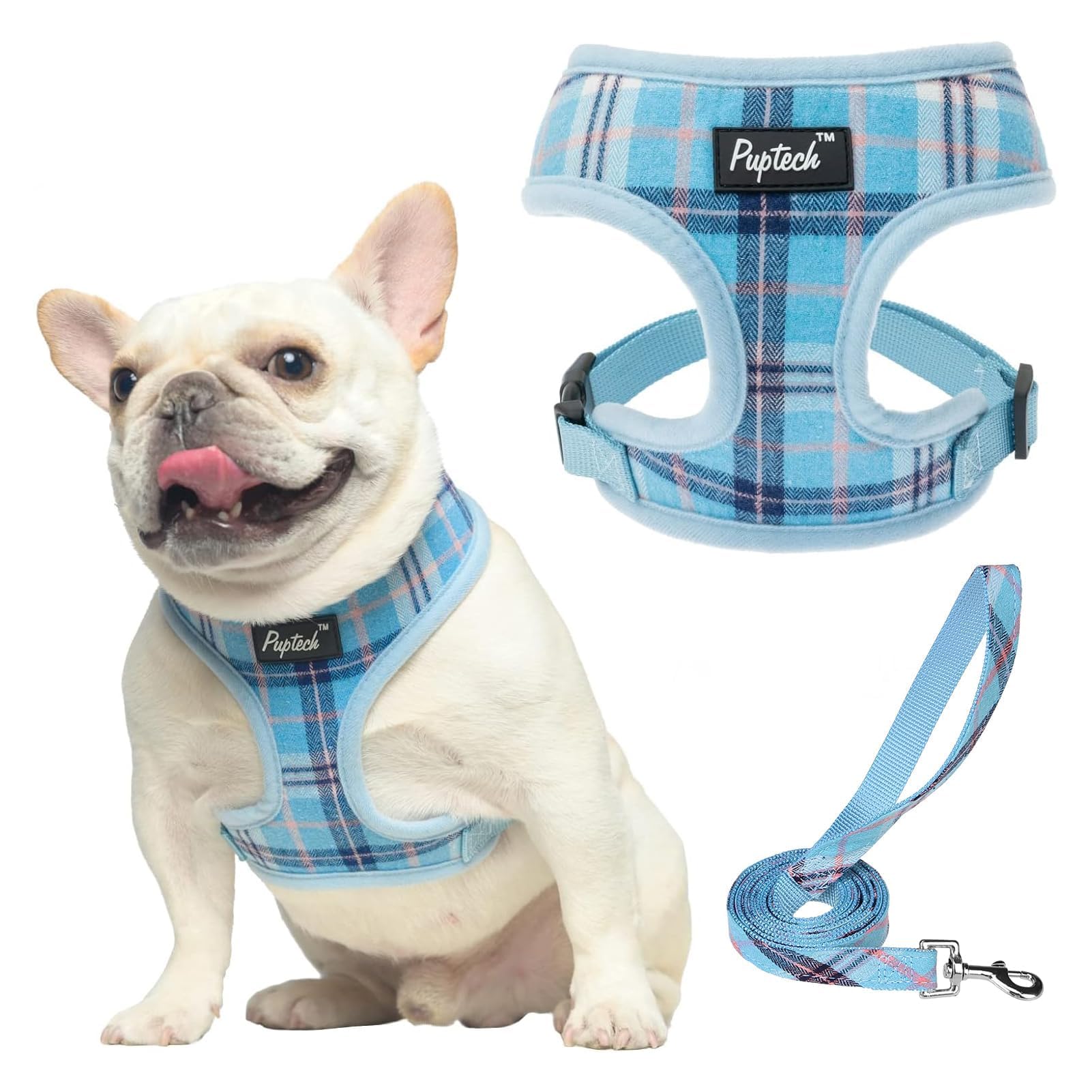 Pupteck Soft Mesh Dog Harness And Leash Set Pet Puppy Cat Comfort Padded Vest No Pull Harnesses, Light Blue, L