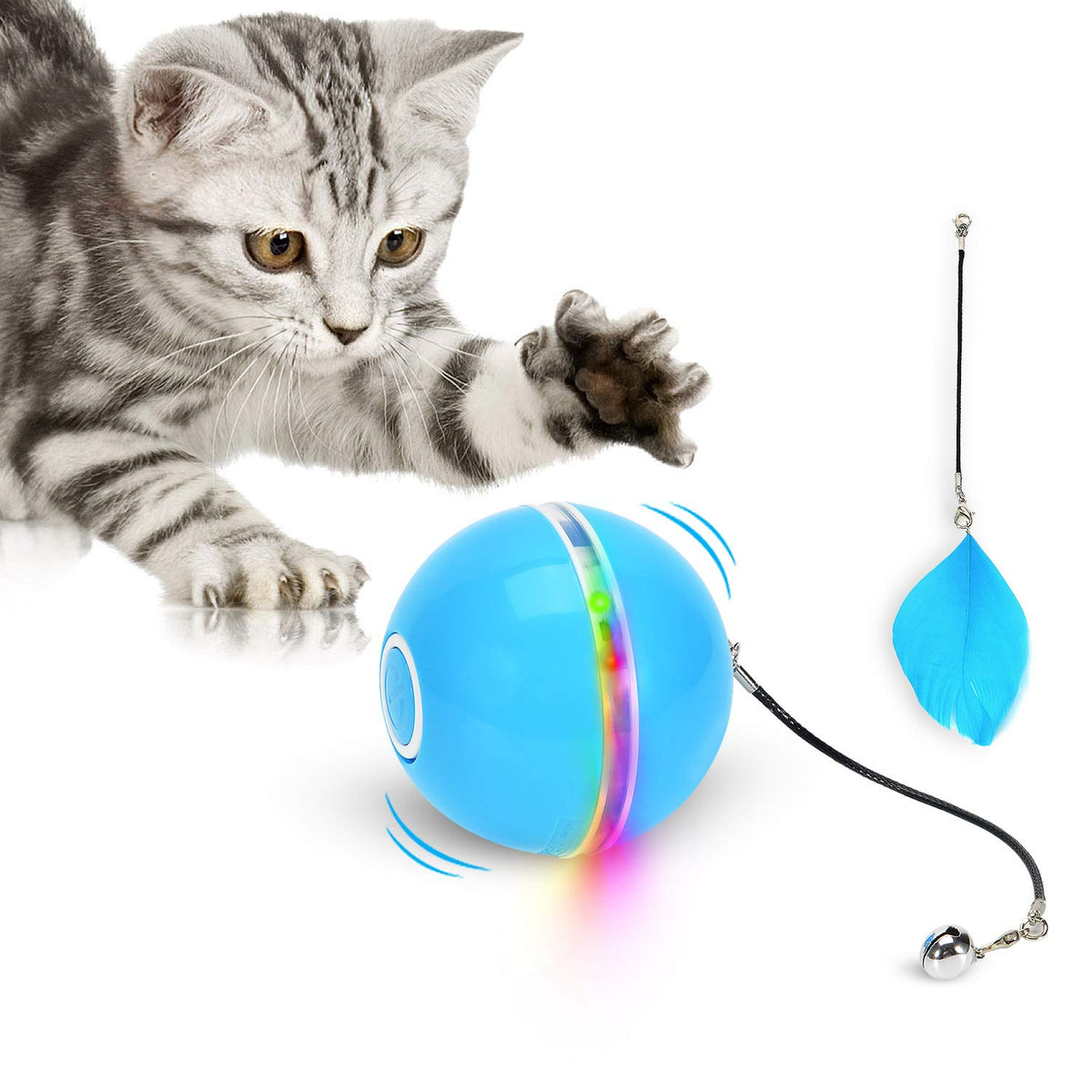 Wwvvpet Interactive Cat Toys Ball With Led Light & Catnip, Upgraded Ring Bell Feather Toy, Auto Spinning Smart Cat Ball Toy, Usb Rechargeable Stimulate Hunting Instinct Pet Kitty Funny Chaser Roller