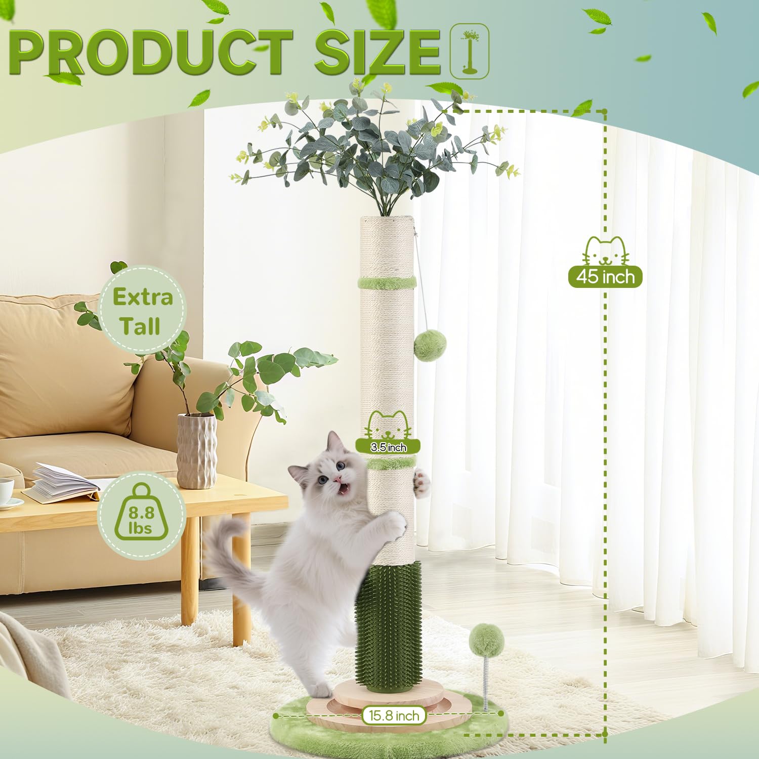 45'' Tall Cat Scratching Post,3.5Inch Diameter Sisal Rope Scratching Post For Indoor Cats Adults Kittens,Cat Scratcher With Inte