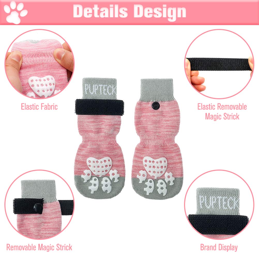Pupteck Double Side Anti-Slip Dog Socks - 4 Pack Dog Paw Protection For Puppy Indoor Traction Wear On Hardwood Floor For Small And Medium Dogs, Soft And Comfortable With Adjustable Straps
