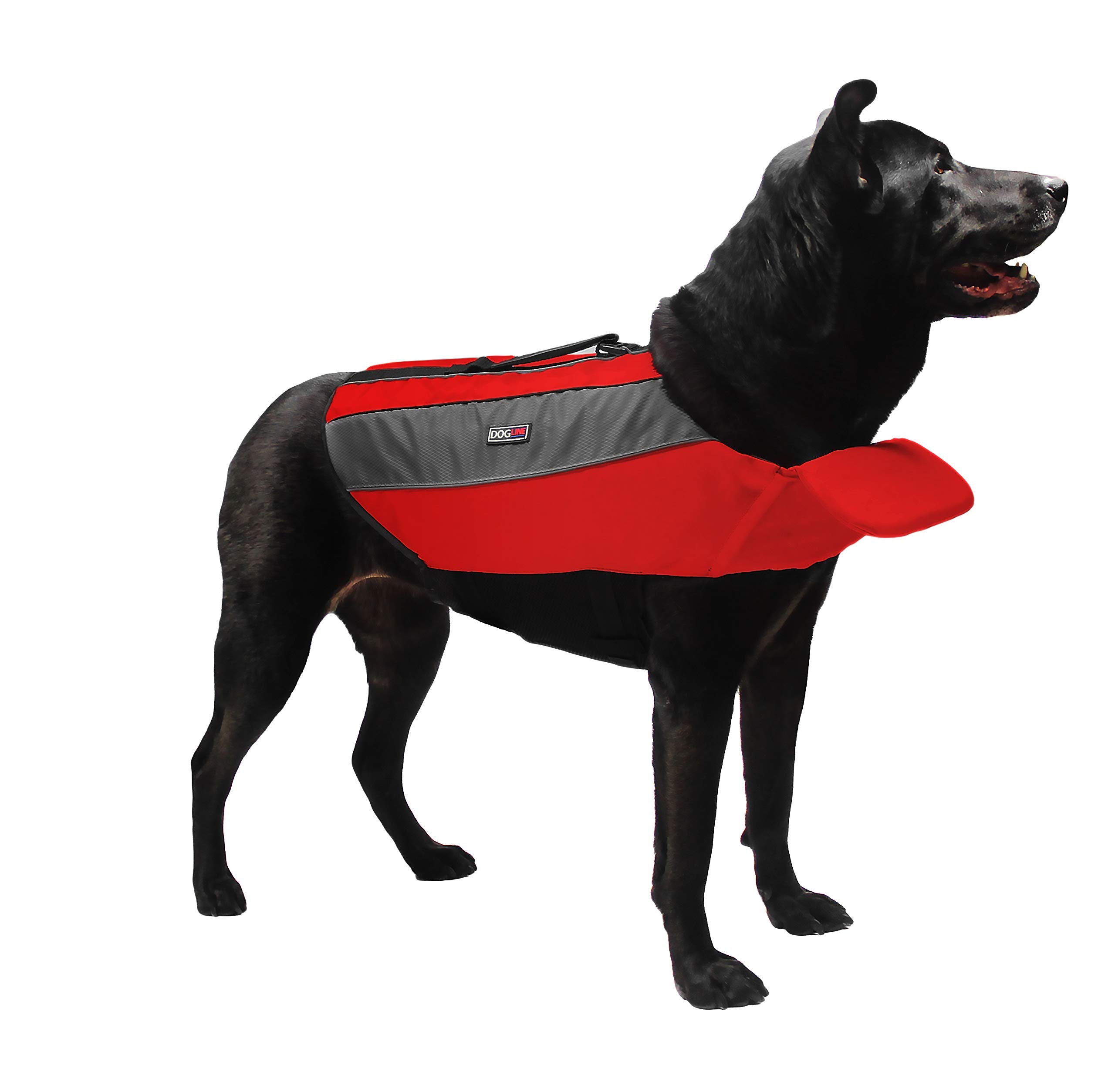 Dogline Dog Life Jacket – Dog Life Vest For Swimming And Boating In Hi-Viz Colors With Reflective Strips Mesh Underbelly For Draining And Drying And Top Carry Handle 32 To 41' Girth Red