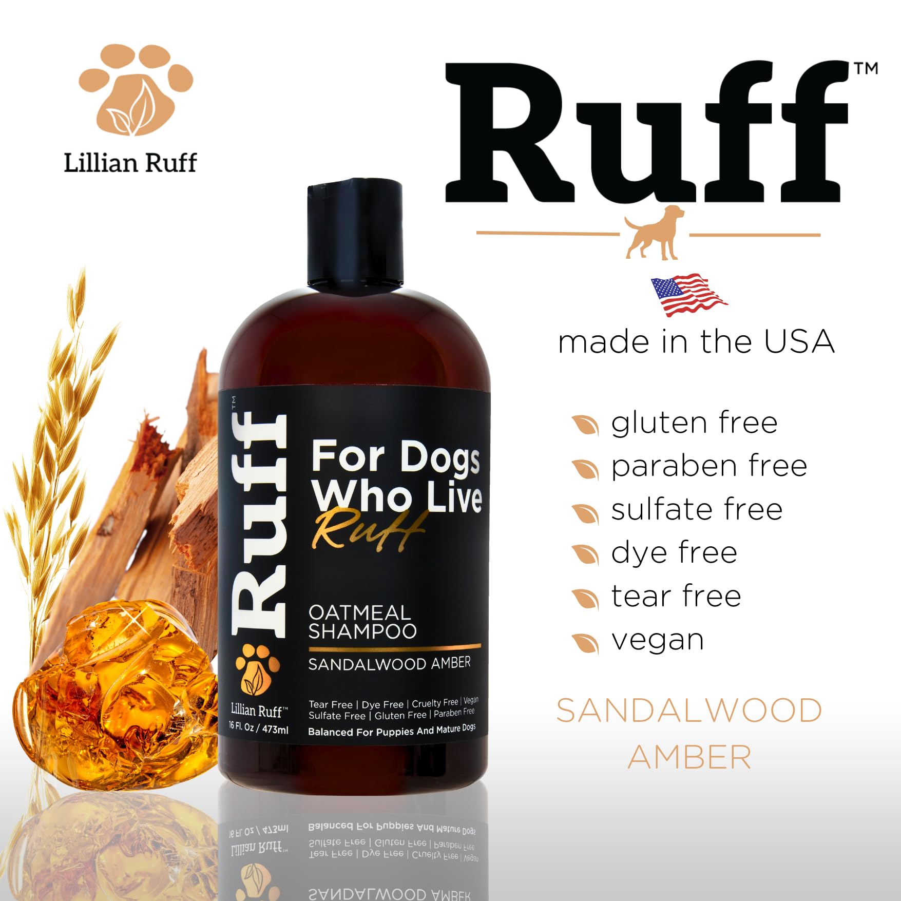Ruff By Lillian Ruff Oatmeal Dog Shampoo | Sandalwood Amber | Professional Dog Shampoo With Aloe & Coconut Oil | Relieves Itchin