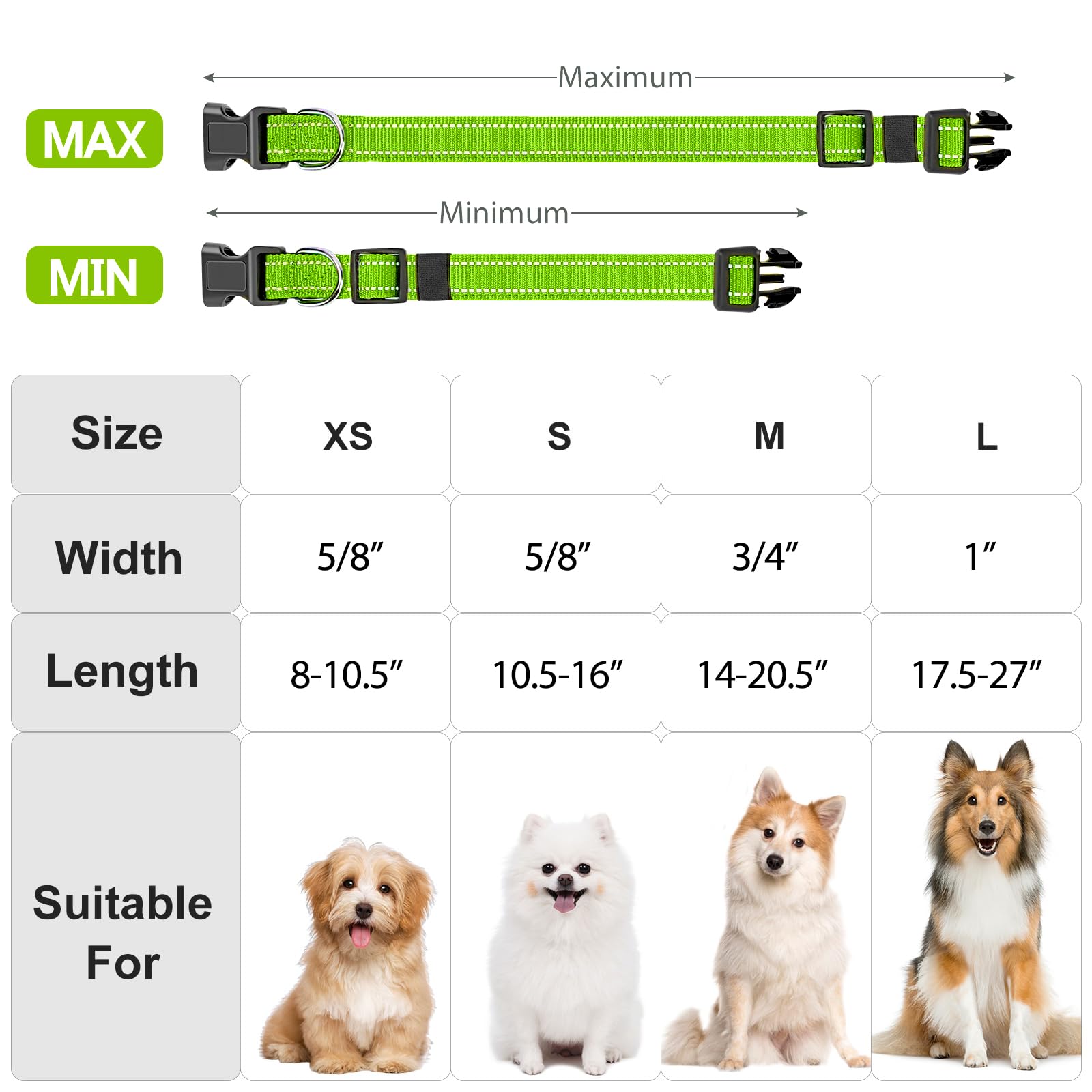 Penseepet Reflective Dog Collar Padded With Soft Neoprene Breathable Quick Release Basic Dog Collars For Large Dogs Green Boy Girl