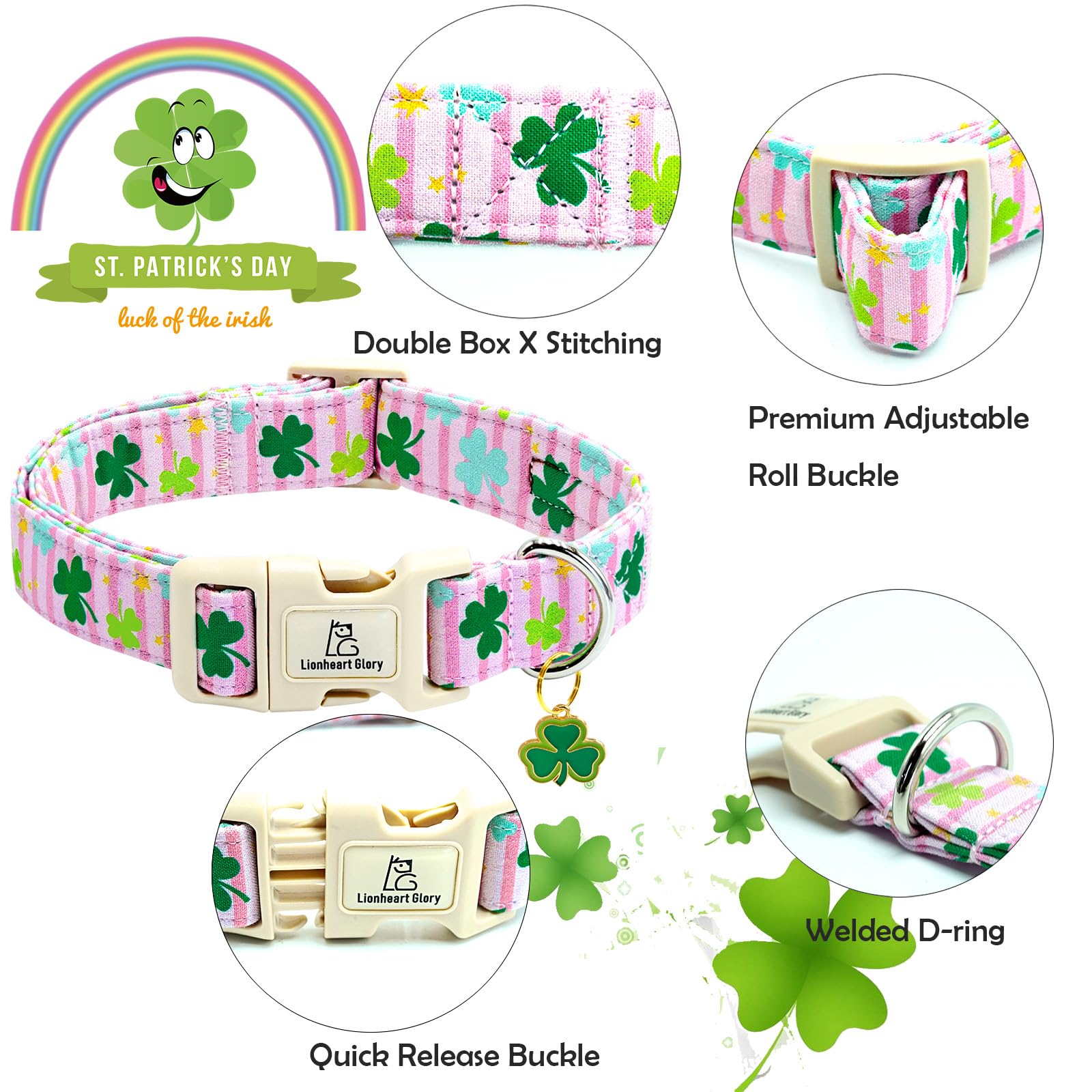 Lionheart Glory St. Patrick Dog Collar-Lucky Clover Shamrock Pink Collars For Medium Dogs Spring Female Trefoil Dog Collar Adjus