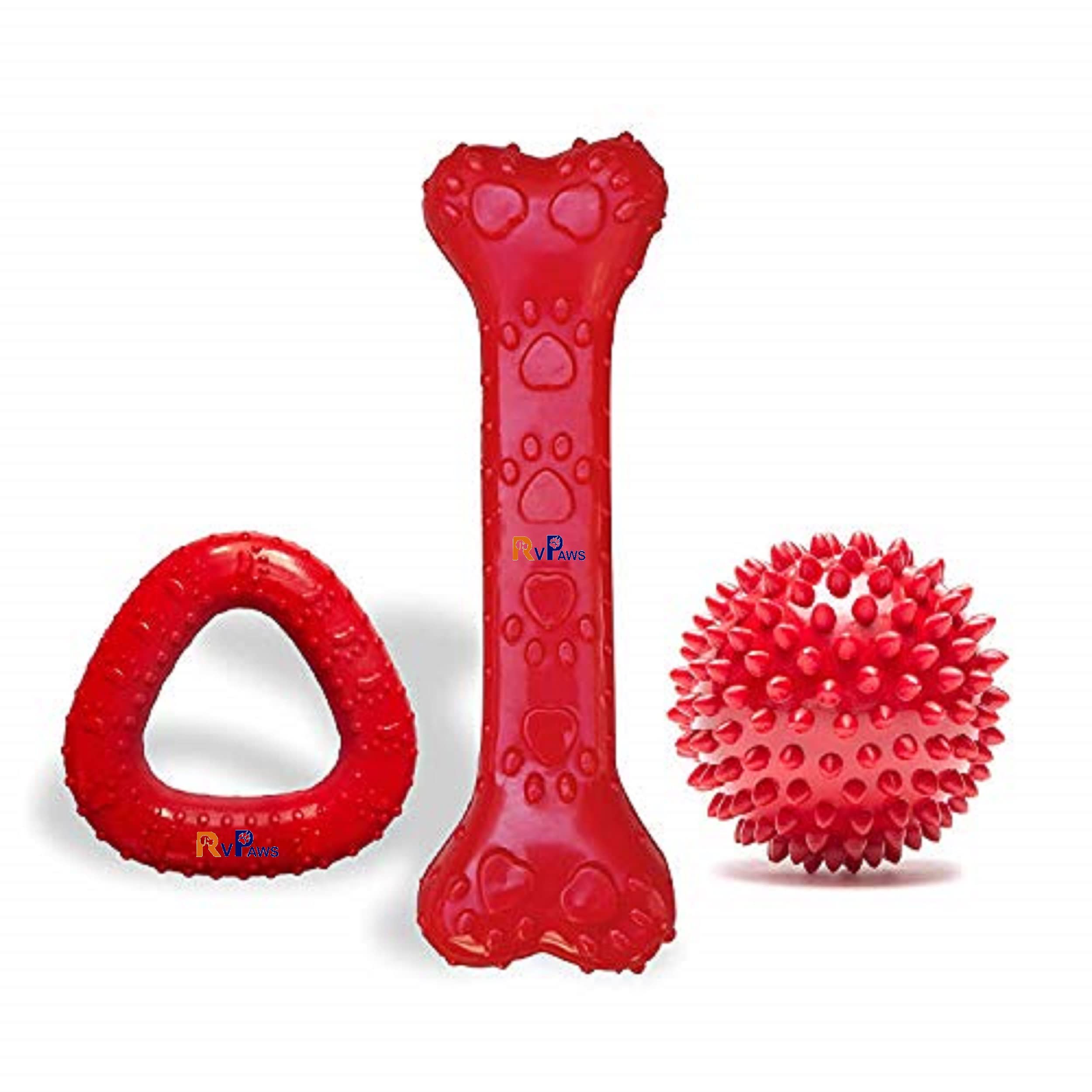 Woofy Rubber Super Bite Chew Dog Toy Combo (Spike Ball + Triangle + Bone)