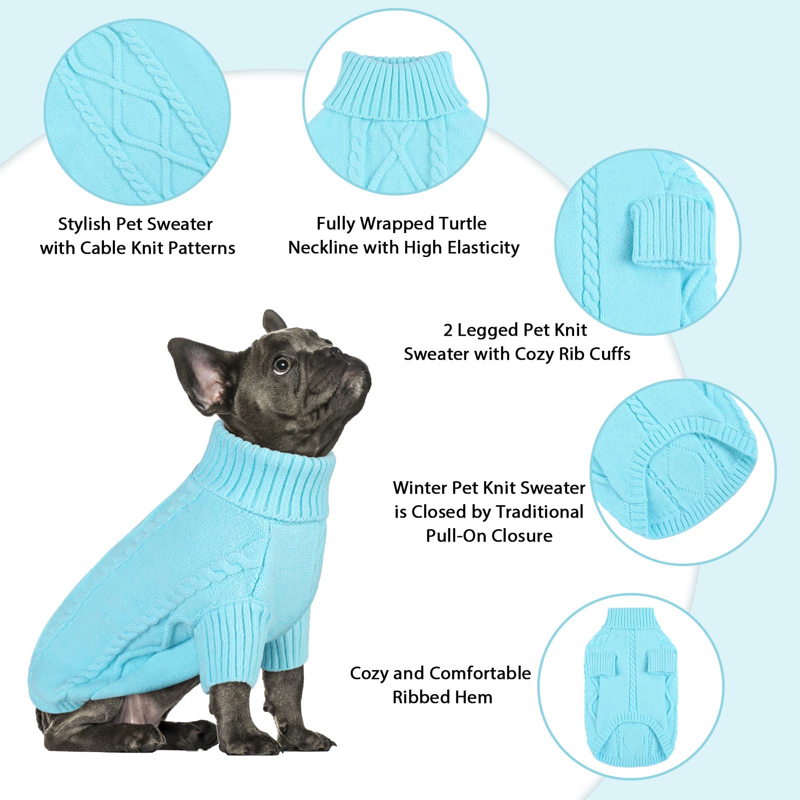 Queenmore Small Dog Pullover Sweater, Cold Weather Cable Knitwear, Classic Turtleneck Thick Warm Clothes For Chihuahua, Bulldog,
