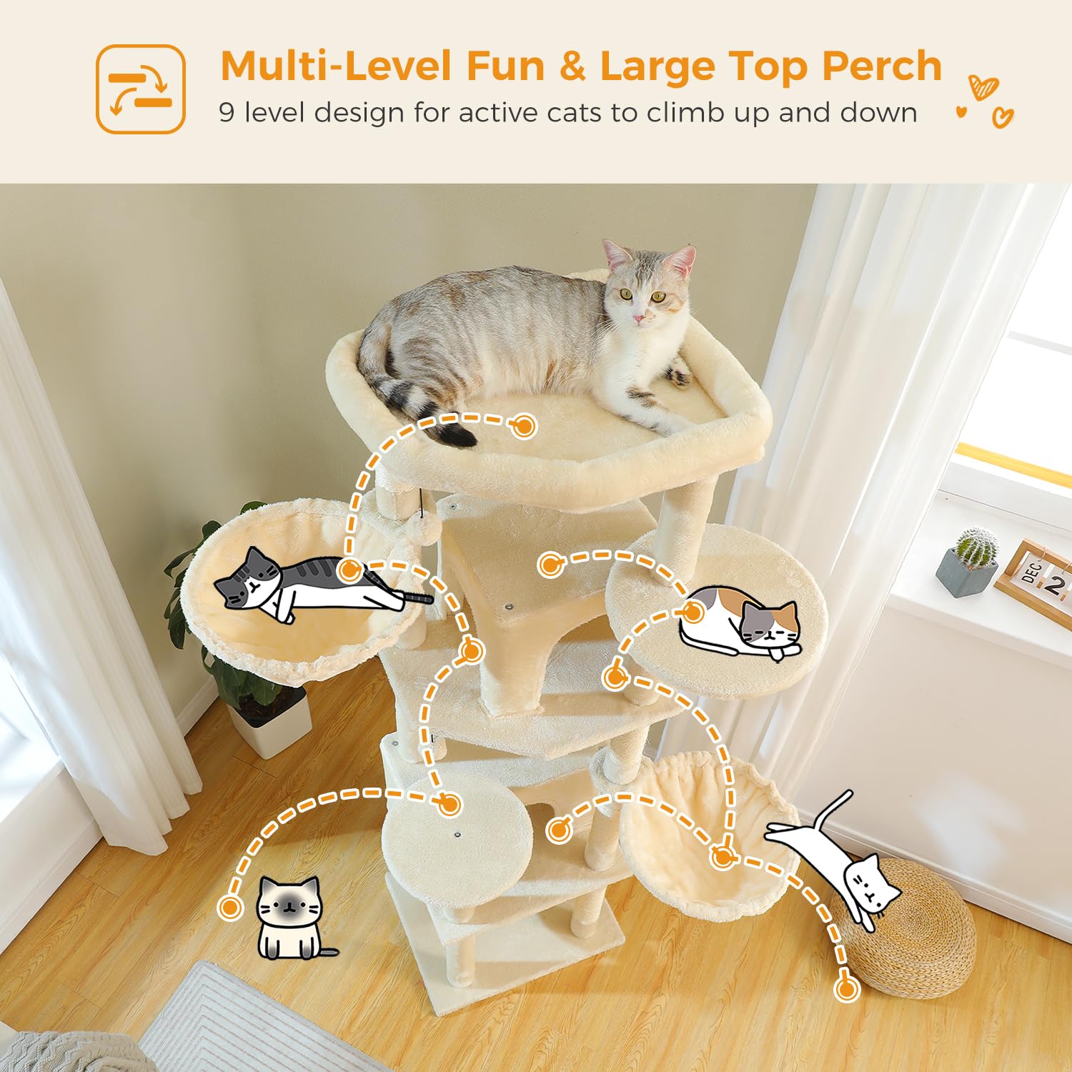Pawz Road Tall Cat Tower, 70 Inch Cat Tree With Hammock, 5 Scratching Posts, 2 Condos And A Large Top Perches For Large Cats-Bei