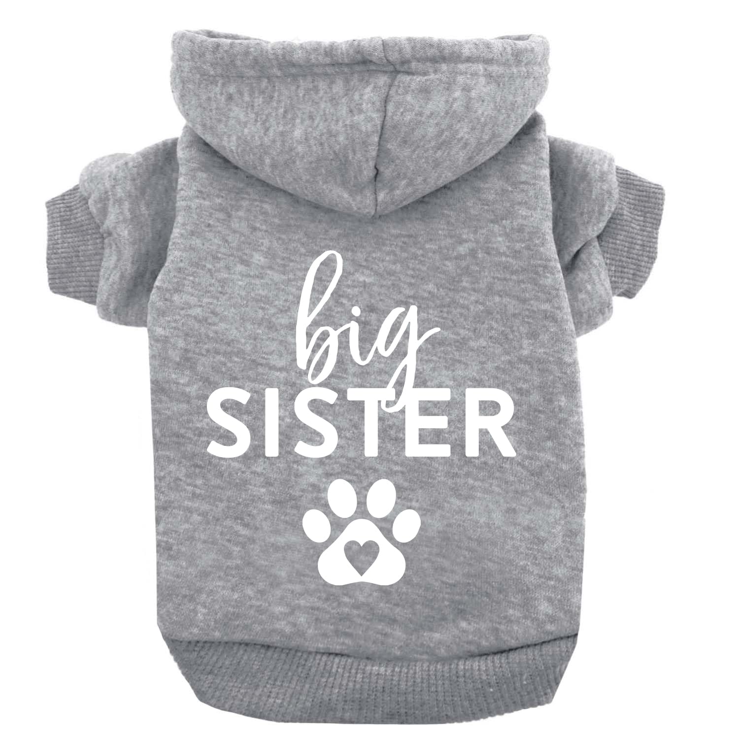 Big Sister Heart Paw Pullover Fleece Lined Dog Hoodie (Grey Hooded Sweatshirt)