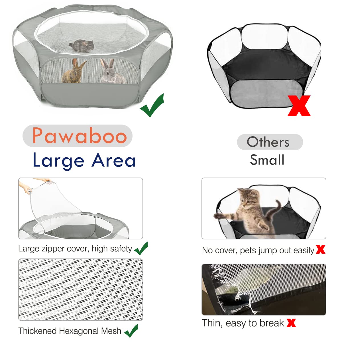 Pawaboo Small Animals Playpen, Breathable & Waterproof Small Pet Cage Tent With Zippered Cover, Portable Outdoor Yard Fence For Kitten/Puppy/Guinea Pig/Rabbits/Hamster/Chinchillas, Light Gray