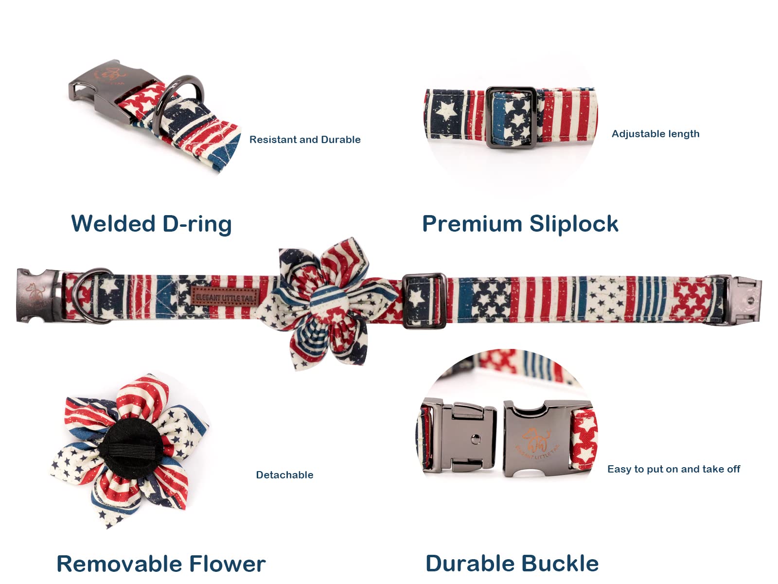 Elegant Tail Us Flag Dog Collar - Cute Detachable Flower Collar, Adjustable For X-Large Dogs