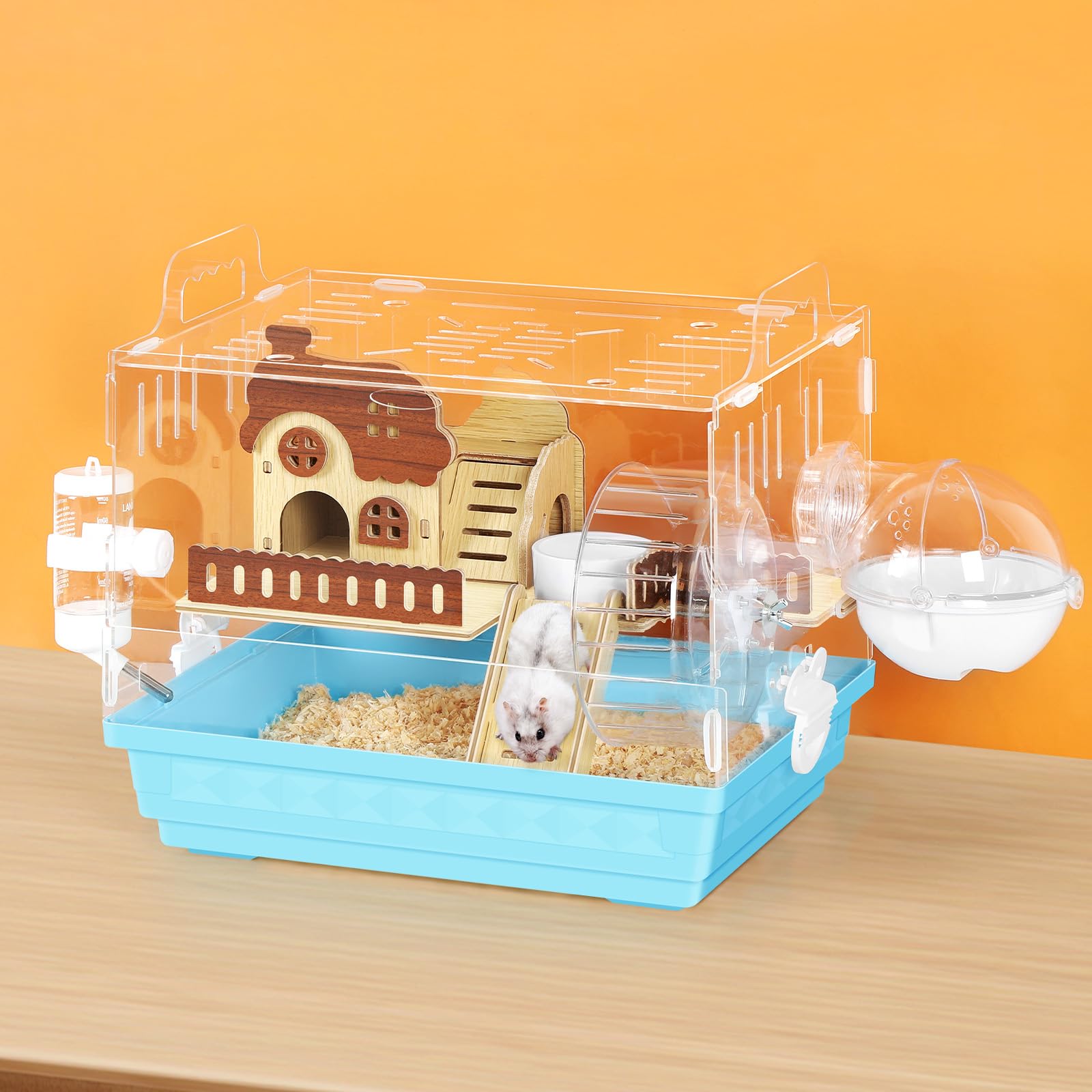 Acrylic Hamster Cage Small Hamster Habitat 360 Viewing Hamster Enclosure with Running Wheel & Hideout for Dwarf, Guinea Pig, Ger