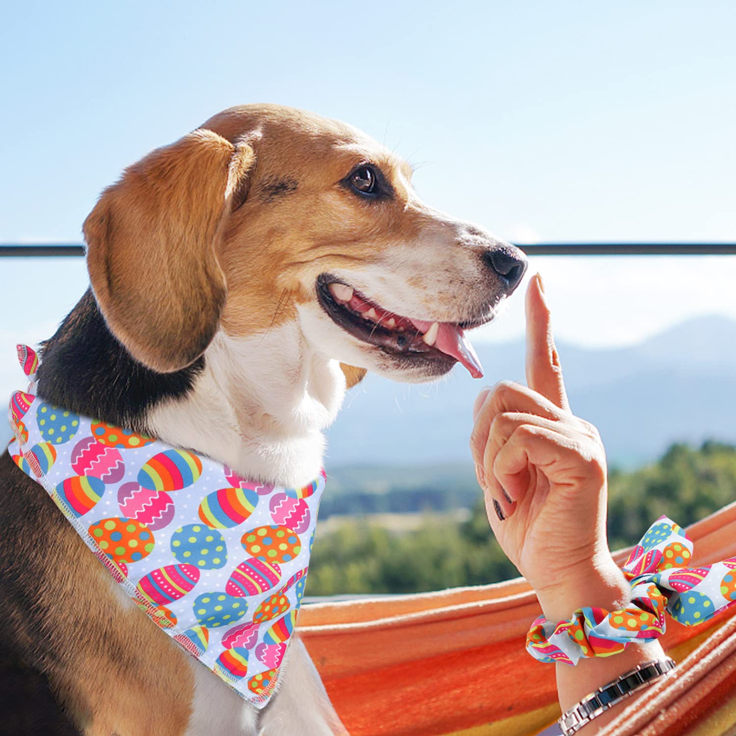 Easter Dog Bandana & Matching Scrunchie Set Egg Dog Bandanas Scarf With Bunny Hair Tie For Medium Large Dogs & Pet Owner Mom Gift