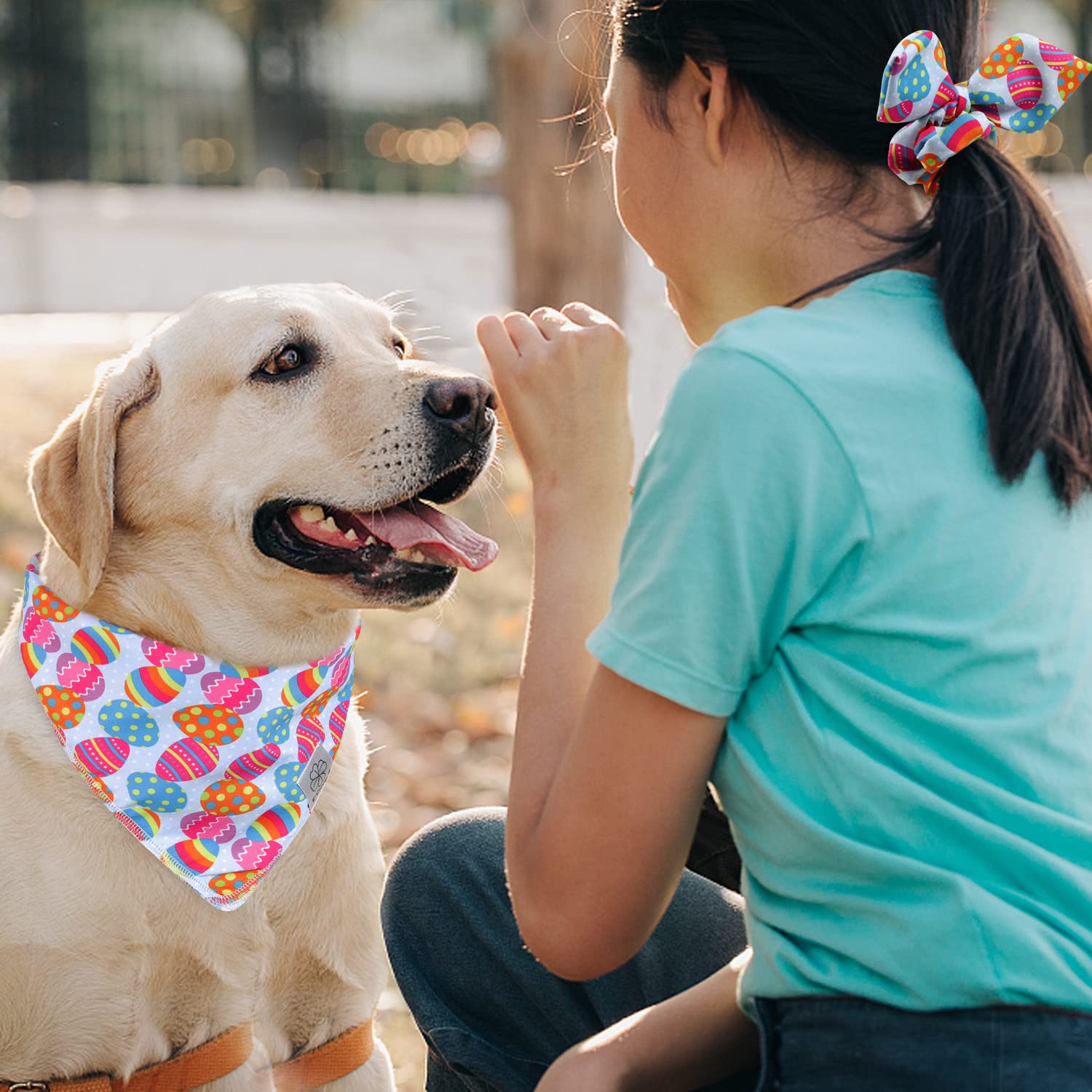Easter Dog Bandana & Matching Scrunchie Set Egg Dog Bandanas Scarf With Bunny Hair Tie For Medium Large Dogs & Pet Owner Mom Gift