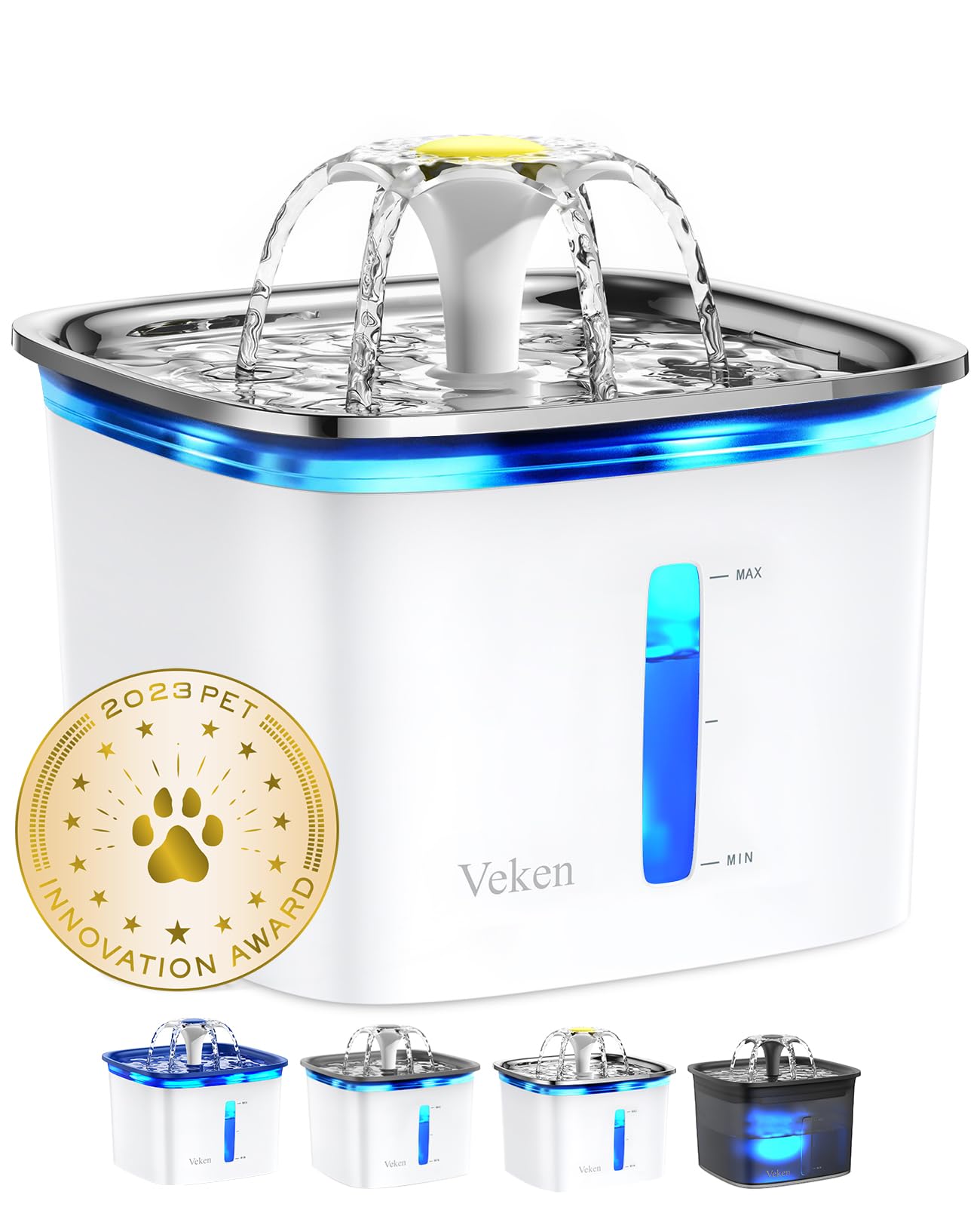 Veken 95Oz/2.8L Cat Water Fountain With Stainless Steel Lid, Automatic Pet Fountain Dog Water Dispenser With Replacement Filters For Cats, Dogs, Multiple Pets (Silver, Stainless Steel)
