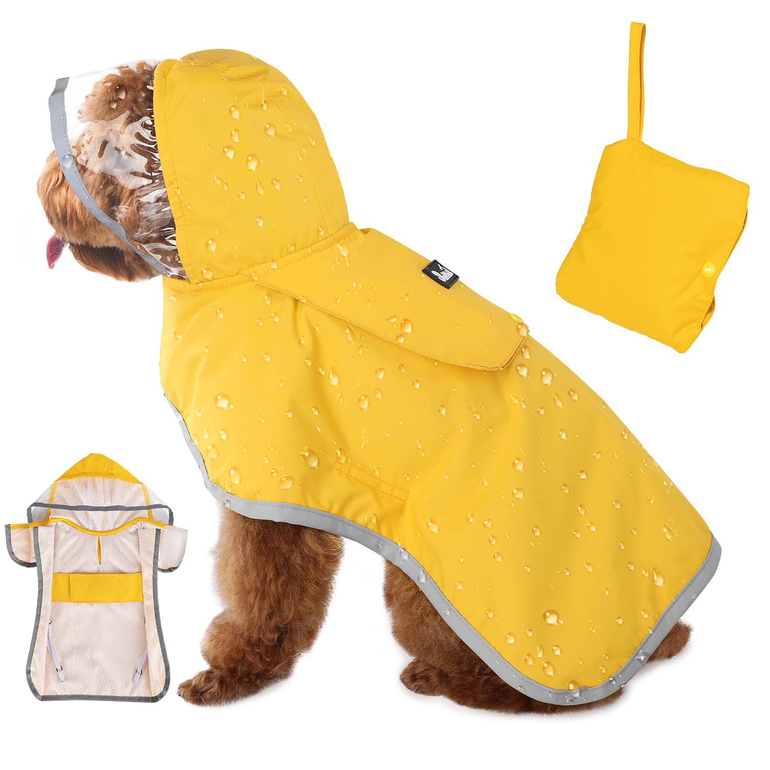 Slowton Dog Raincoat, Adjustable Dog Rain Jacket Clear Hooded Double Layer, Waterproof Poncho With Reflective Strip Straps And S