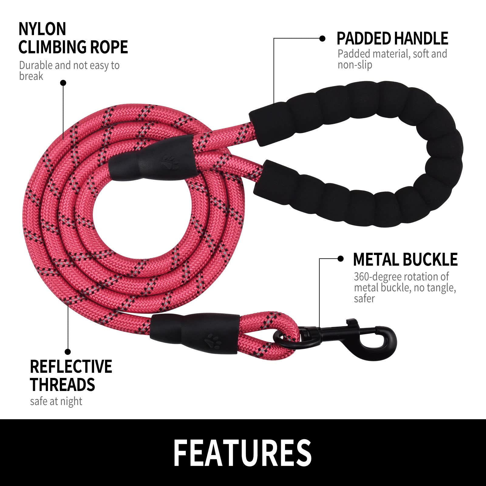 Panykoo 6 Ft Strong Pet Dog Leash With Highly Reflective Threads,360-Degree No Tangles And Comfortable Padded Handle,Suitable For Small,Medium And Large Dogs