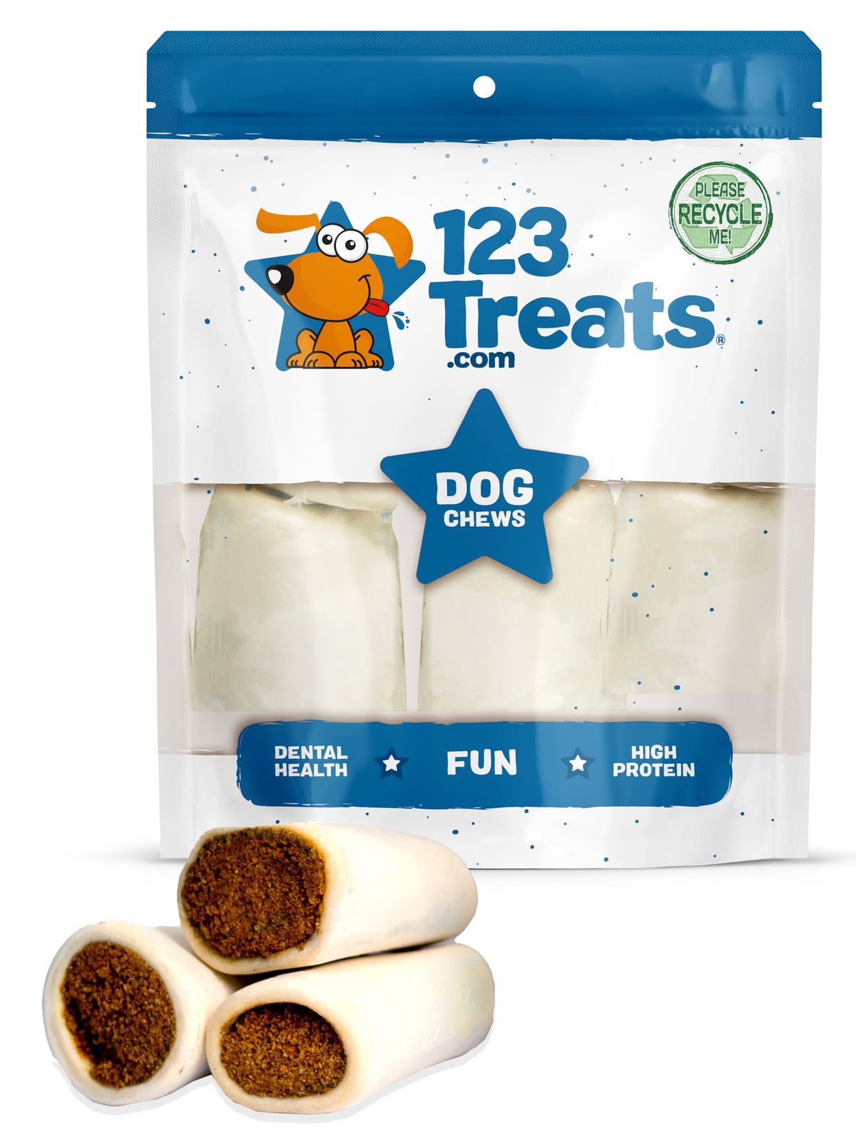 123 Treats | Peanut Butter Filled For Dogs | Healthy Pb Dog Snacks For Chewing | Long Lasting Chews For Dogs | Stuffed Bones | 3 To 4” Cow Bones | 5 Count | Individually Shrink Wrapped