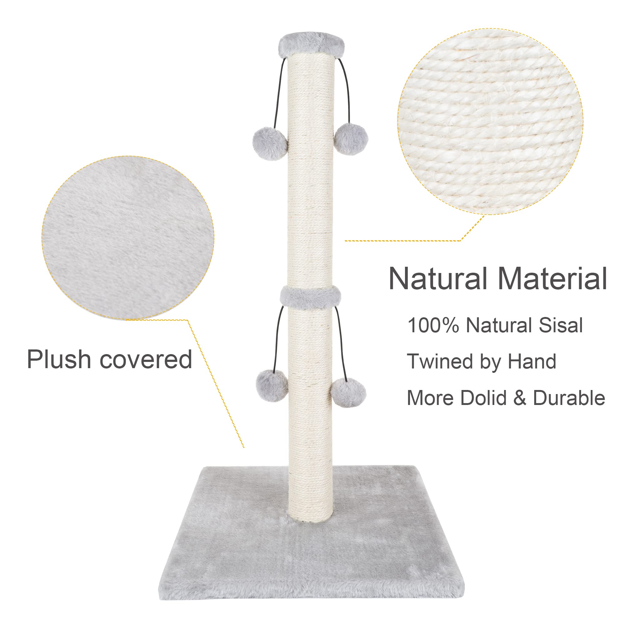 Dimaka 34'' Cat Scratching Post, Cat Scratching Post, Cat Scratcher For Large Cats With Teasing Toy Ball, Natural Sisal White An