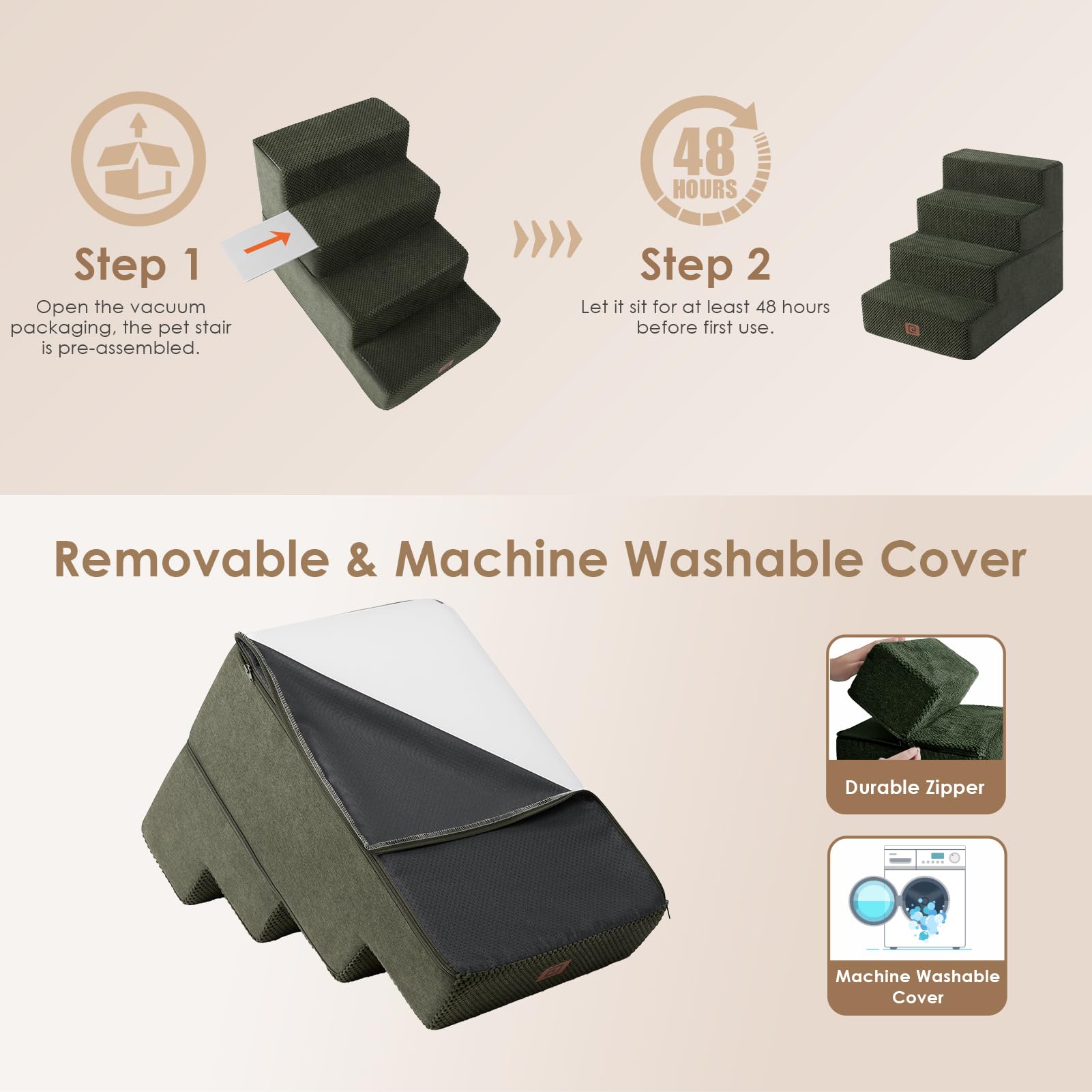 Eheyciga Dog Stairs For Bed 18”H, 4-Step Dog Steps For High Bed, Pet Steps For Small Dogs And Cats, Non-Slip Balanced Dog Indoor Ramp, Olive Green