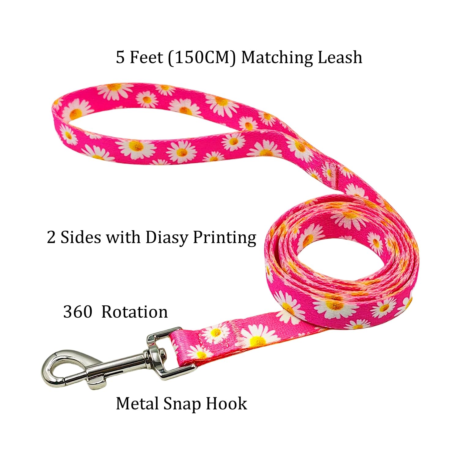 Olahibi Dog Collar And Leash Set, Cute Pink Daisy Pattern, Polyester Material, 5Ft Leash, For Puppy Dogs.(Xs, Daisy Set)