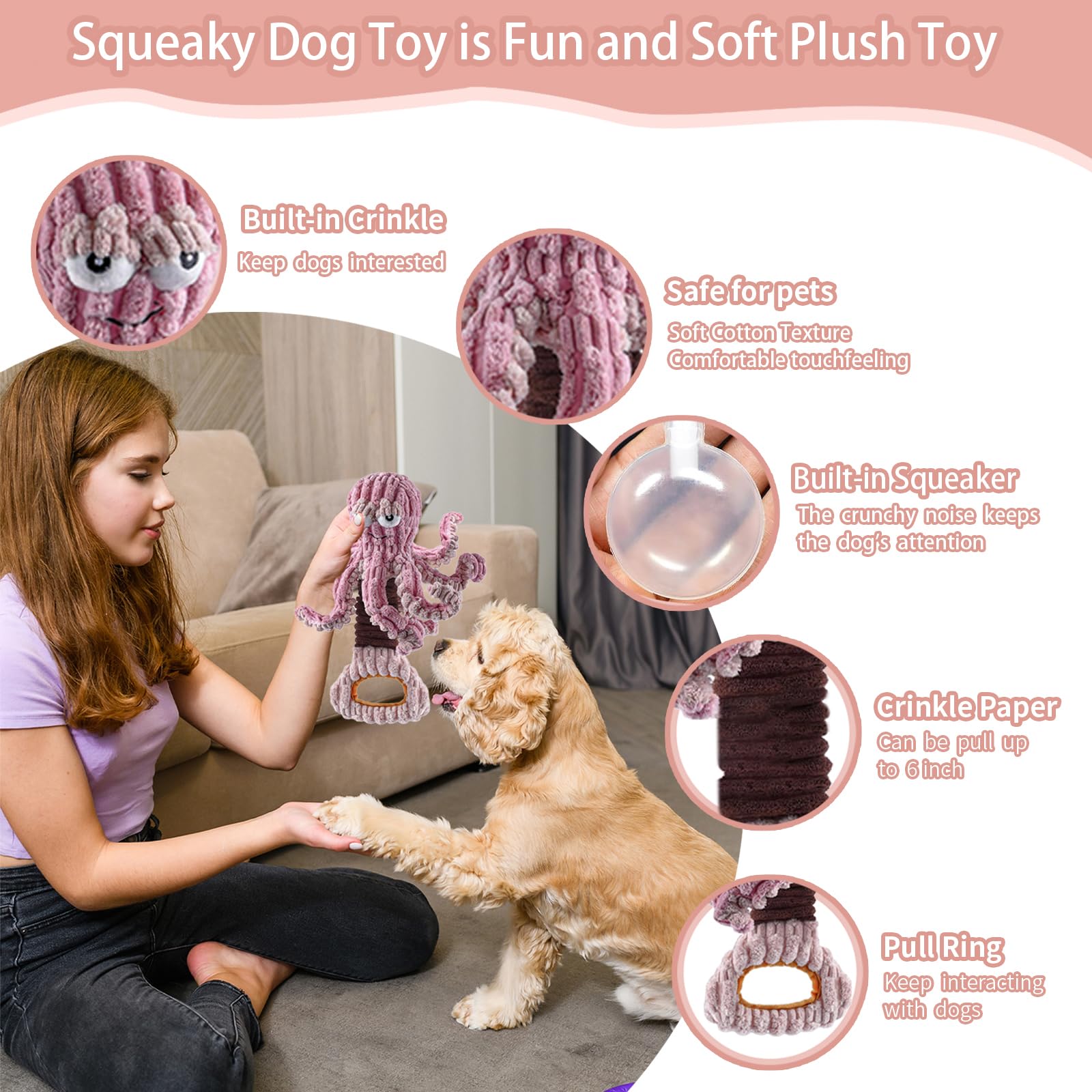Yzhduxiu Squeaky Dog Toys, Octopus Dog Toy For Aggressive Chewers, Interactive Tug Of War Puppy Toy To Keep Them Busy(Purple)