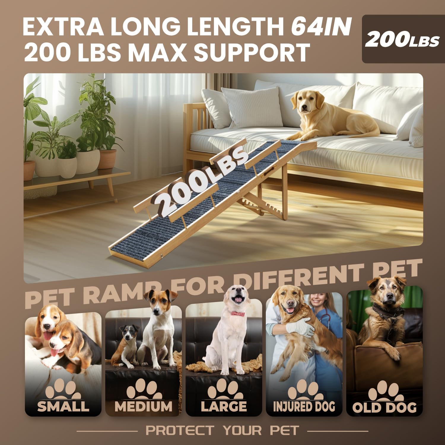 Dog Ramp For Bed,Extra Long 64 Folding Pet Ramp Adjustable Height 24 To 30 Wooden Dog Ramp For Small Large Dogs To Get On