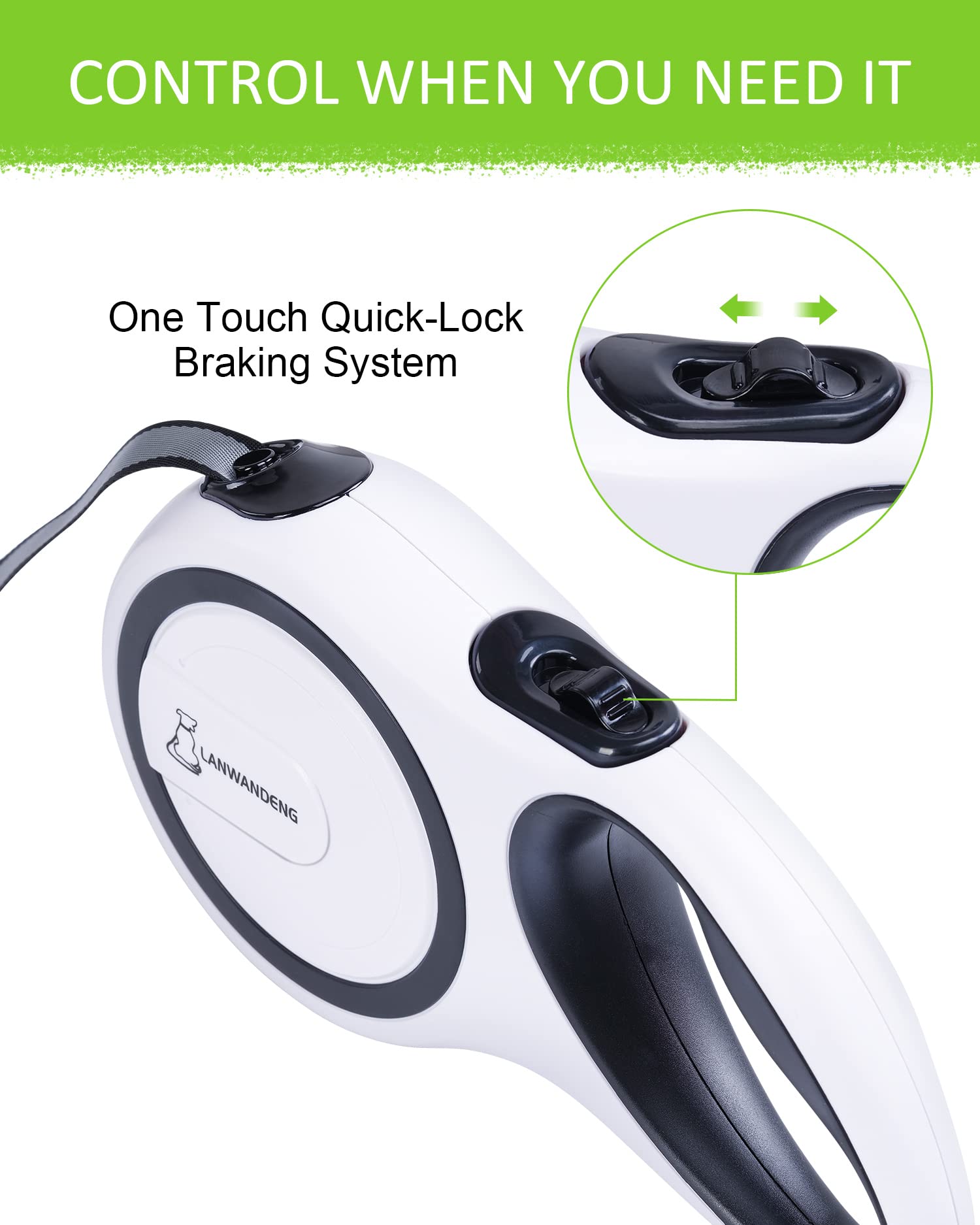 Lanwandeng 26FT Chew Proof Retractable Dog Leash, Nylon, Tangle-Free, Anti-Slip Handle, for Small/Medium/Large Dogs, White