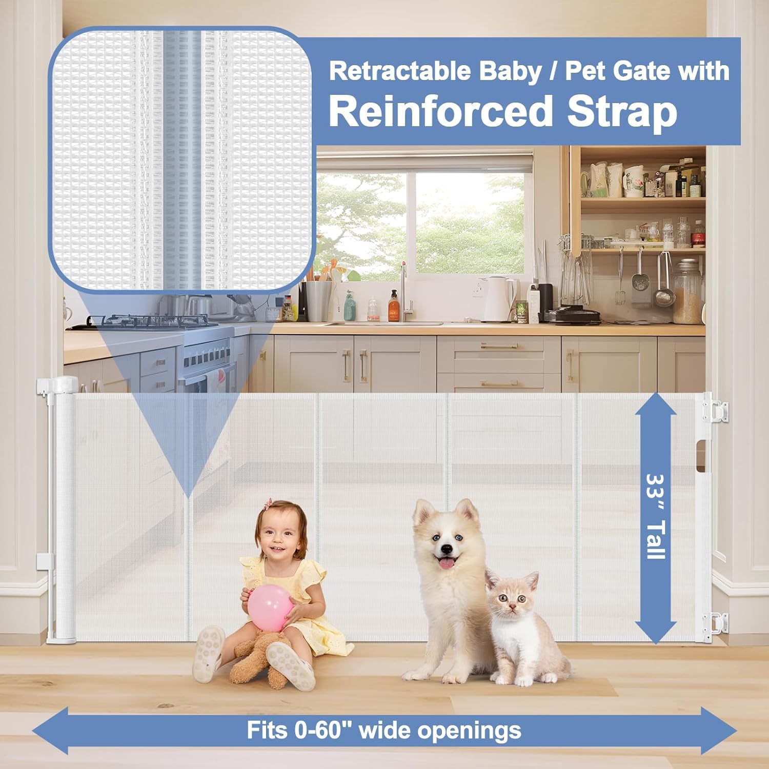 Reinforced Retractable Baby Gates with Support Rod 60'' Wide Retractable Baby Gate for Stairs Retractable Dog Gate Outdoor Retra