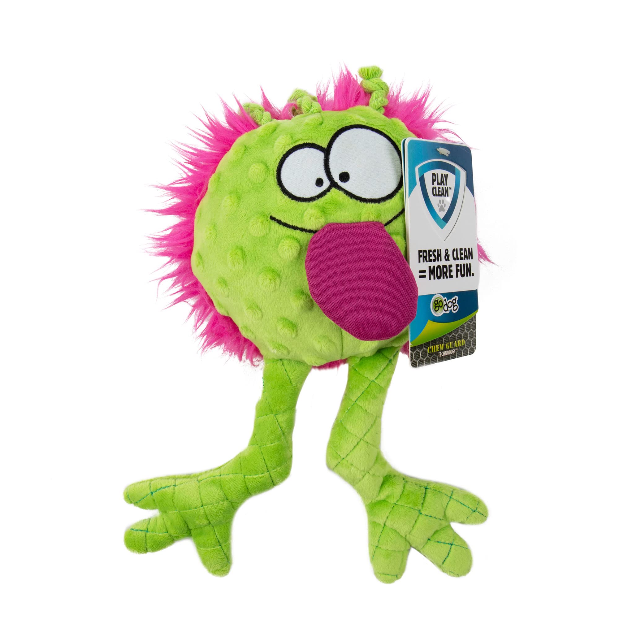 goDog PlayClean Germs Squeaky Plush Dog Toy with Odor-Eliminating Essential Oils, Chew Guard Technology - Lime, Large