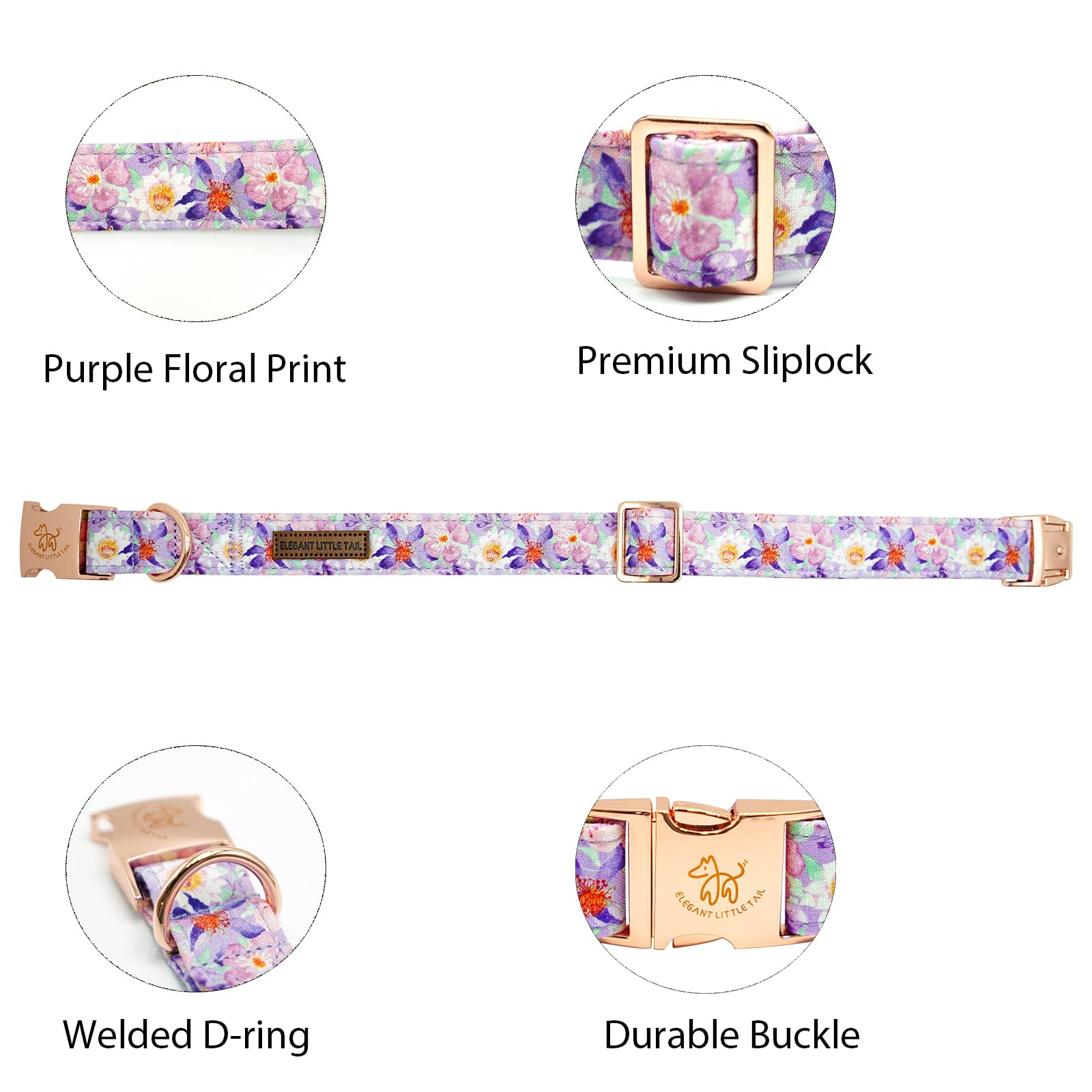Elegant Little Tail Purple Floral Print Summer Dog Collar - Cotton, Durable, Metal Buckle For Large Dogs