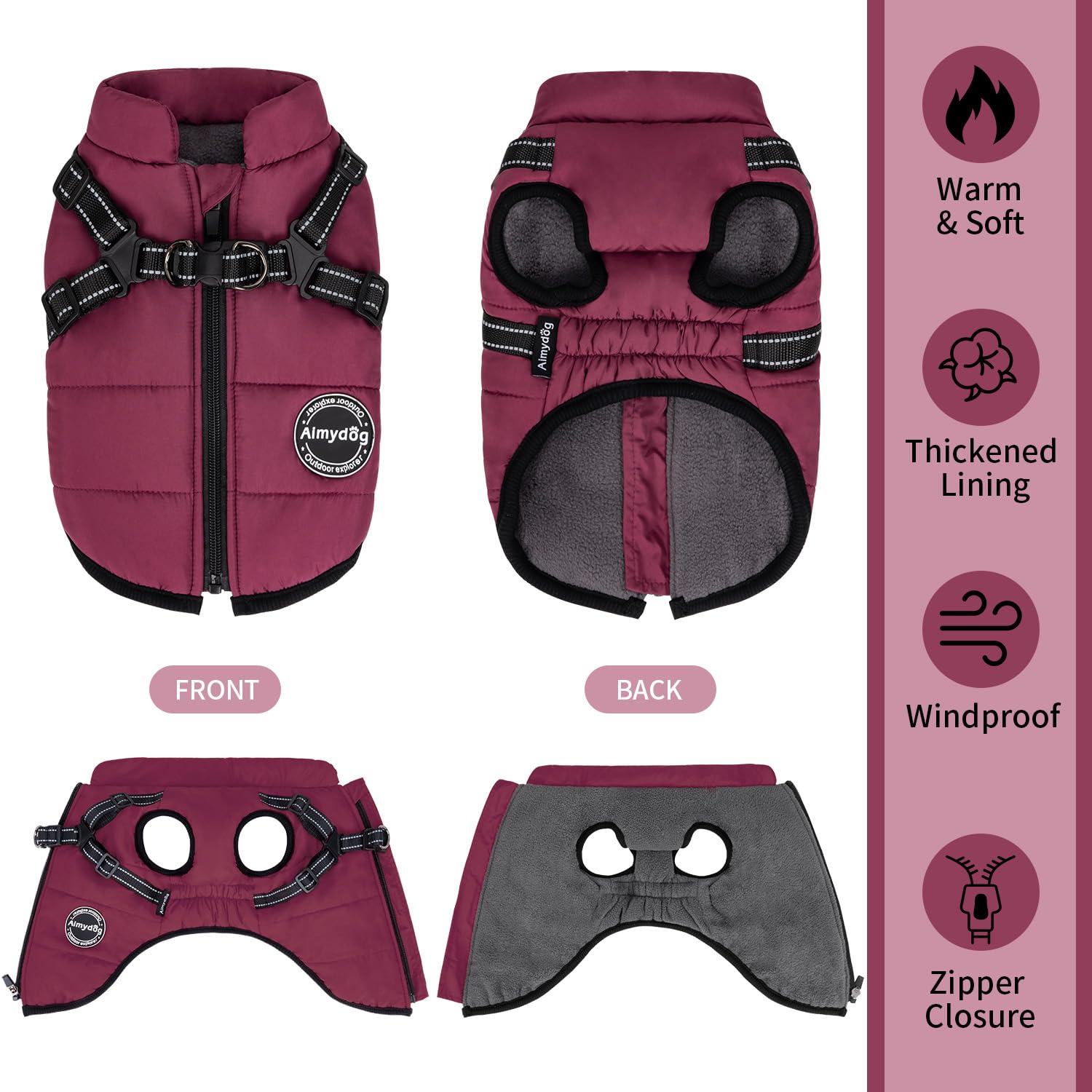 Aimydog Warm Dog Winter Coat, Fashion Sports Dog Cold Weather Jacket With Built-In Harness, Reflective & Adjustable Comfortable Pet Vest, Waterproof Windproof Dog Apparel For Small Dogs (Purple)