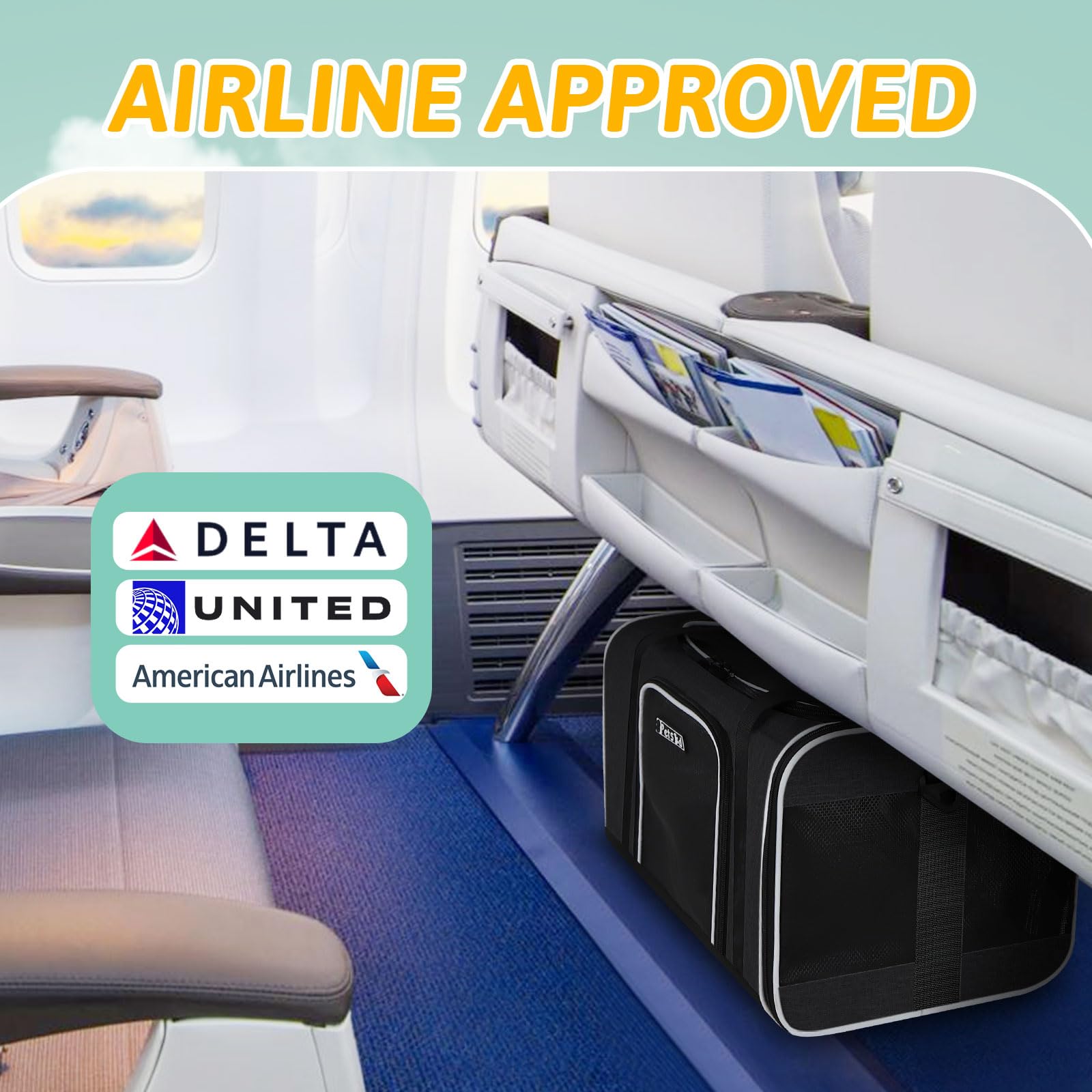 Petskd Pet Carrier 17X11X10.5 Delta American United Airline Approved, Pet Travel Carrier Bag For Small Cats And Dogs, Cat Soft Sided Carrier With Safety Lock Zippers, 5-Sided Breathable Mesh(Black)