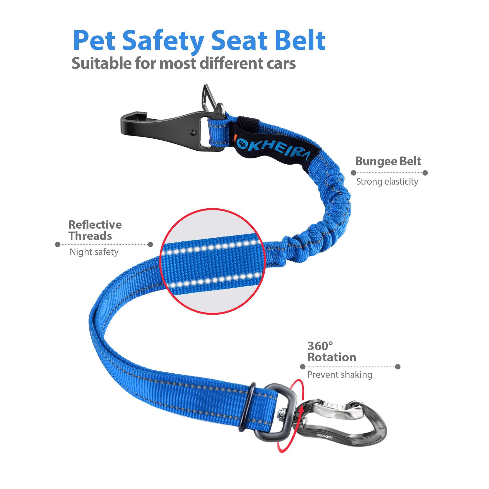 Iokheira Dog Seatbelt - Adjustable Reflective Bungee Car Seatbelt With Aluminum Swivel Carabiner