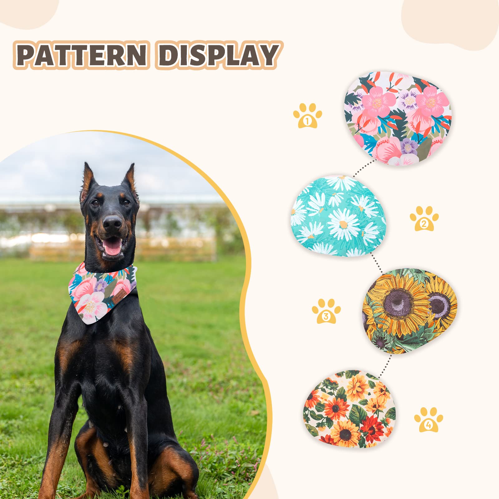 Charcy Bandanas 4 Pack, Fall Bandana For Boy Girl Dog Holiday Birthday, Adjustable Durable Scarf, Unique Design - Sunflower Larg