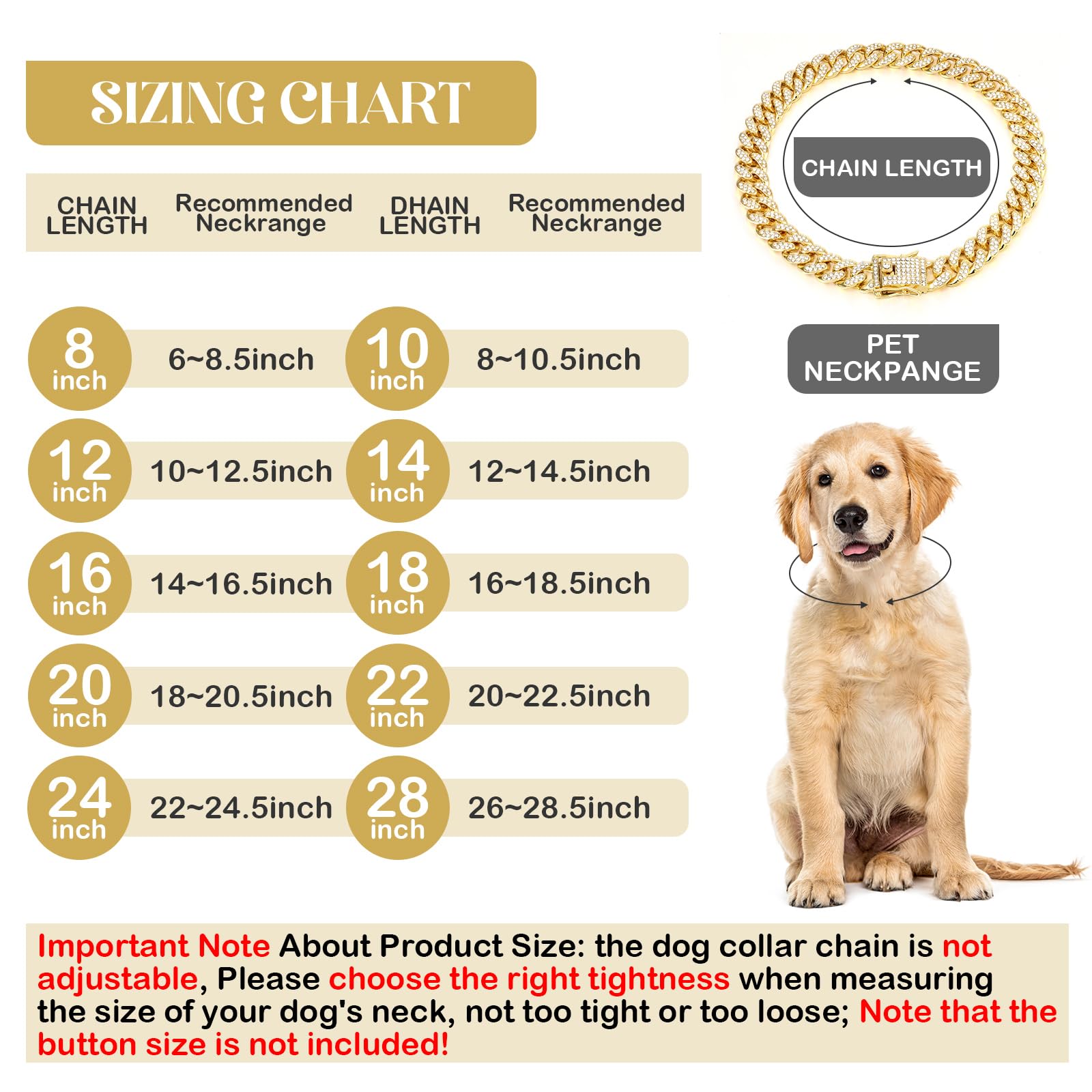 Dog Chain Diamond Collar Walking Metal Chain Collar With Design Secure Buckle, Pet Collar Jewelry Accessories For Small Medium Large Dogs Cats (Gold, 12 Inch)