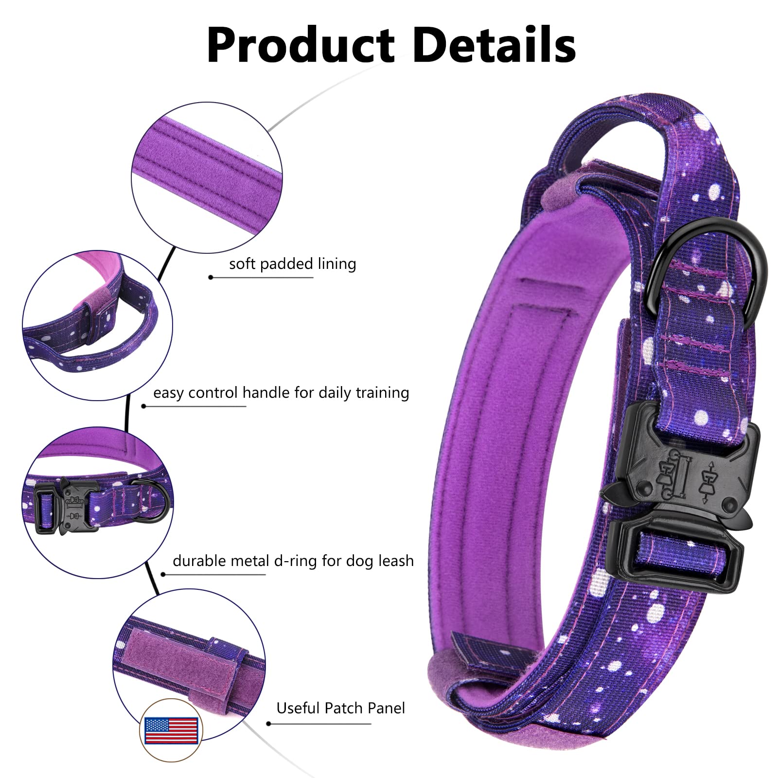 DAGANXI Tactical Dog Collar - Adjustable Nylon with Control Handle, Heavy Metal Buckle, XL, Purple Sky, Includes Patches & Airtags Case