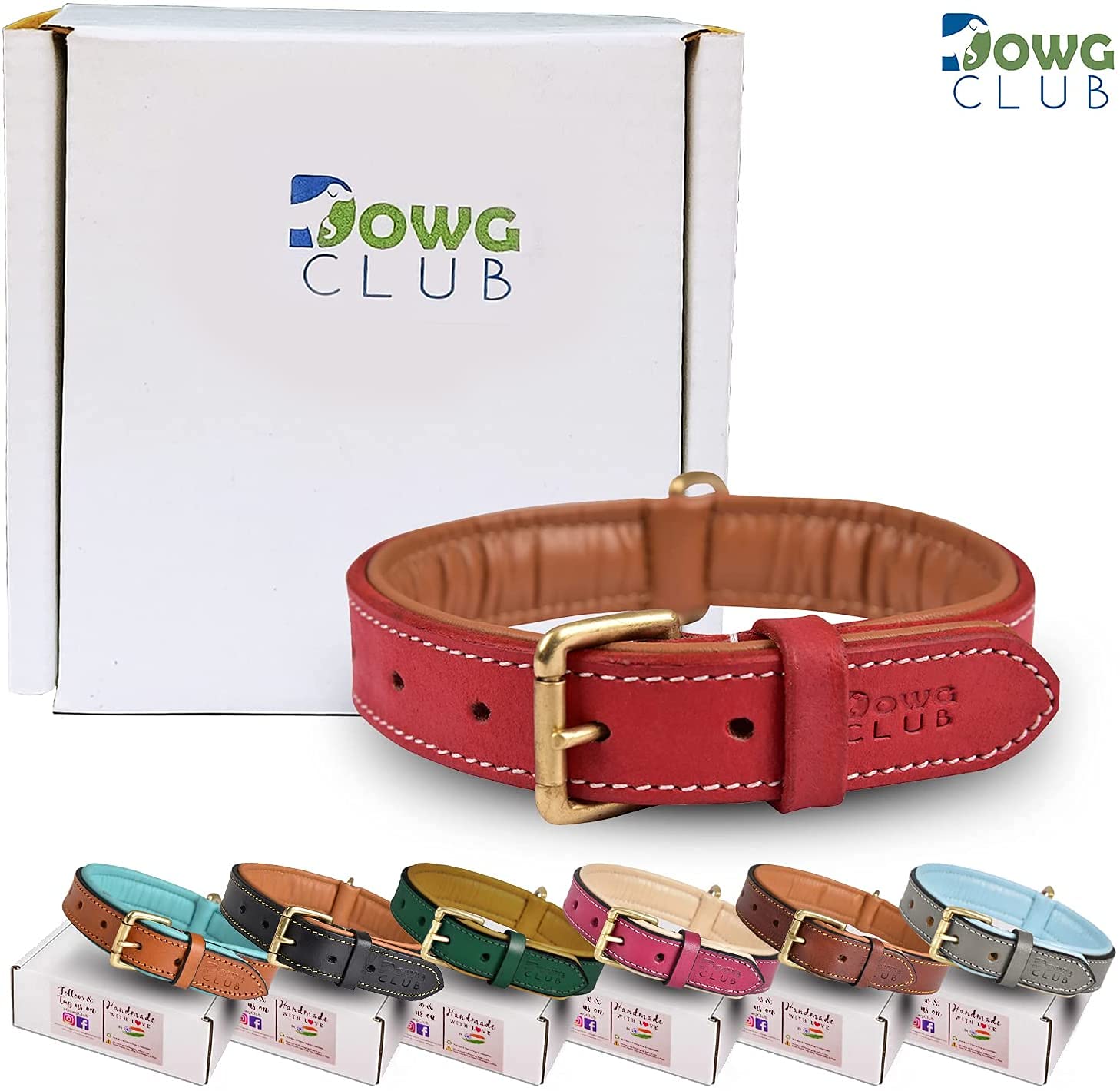 DowgClub | Genuine Leather Dog Collar | Full Grain, Heavy Duty | Padded, Comfortable, Strong | Best for Pups, Small, Medium, Lar
