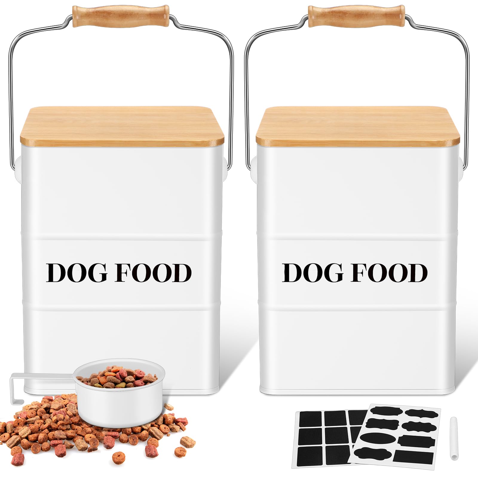 Tioncy 2 Pcs Metal Dog Food Storage Containers Total 10-14 Lbs (50 Cup) Capacity, Airtight Pet Food Canister with Bamboo Lids Sc