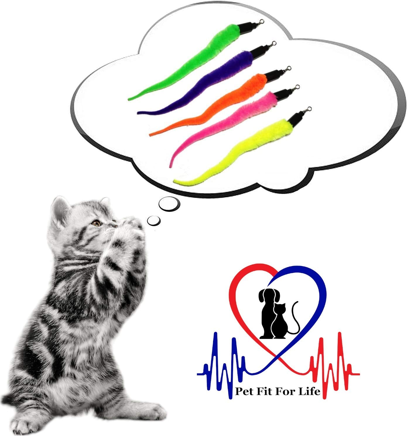 Pet Fit For Life - 5 Piece Kitten Toy Refill Pack - Replacement For Indoor Cat'S Interactive Wand And Catch Wand - Features 5 Assorted Soft Squiggly Worm Attachments