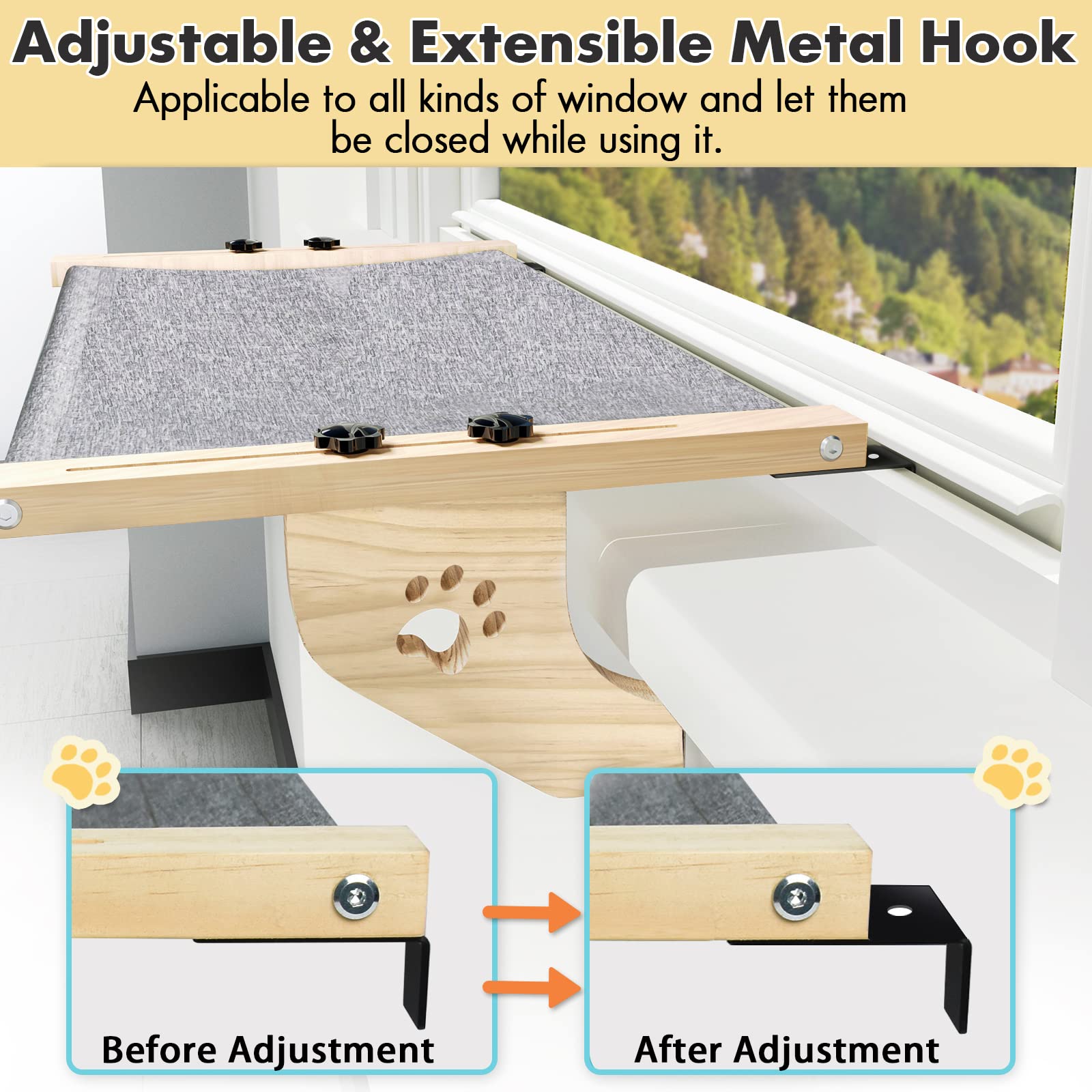 AMOSIJOY Cat Sill Window Perch Sturdy Cat Hammock Window Seat with Wood & Metal Frame for Large Cats, Easy to Adjust Cat Bed for Windowsill, Bedside, Drawer and Cabinet -Like New