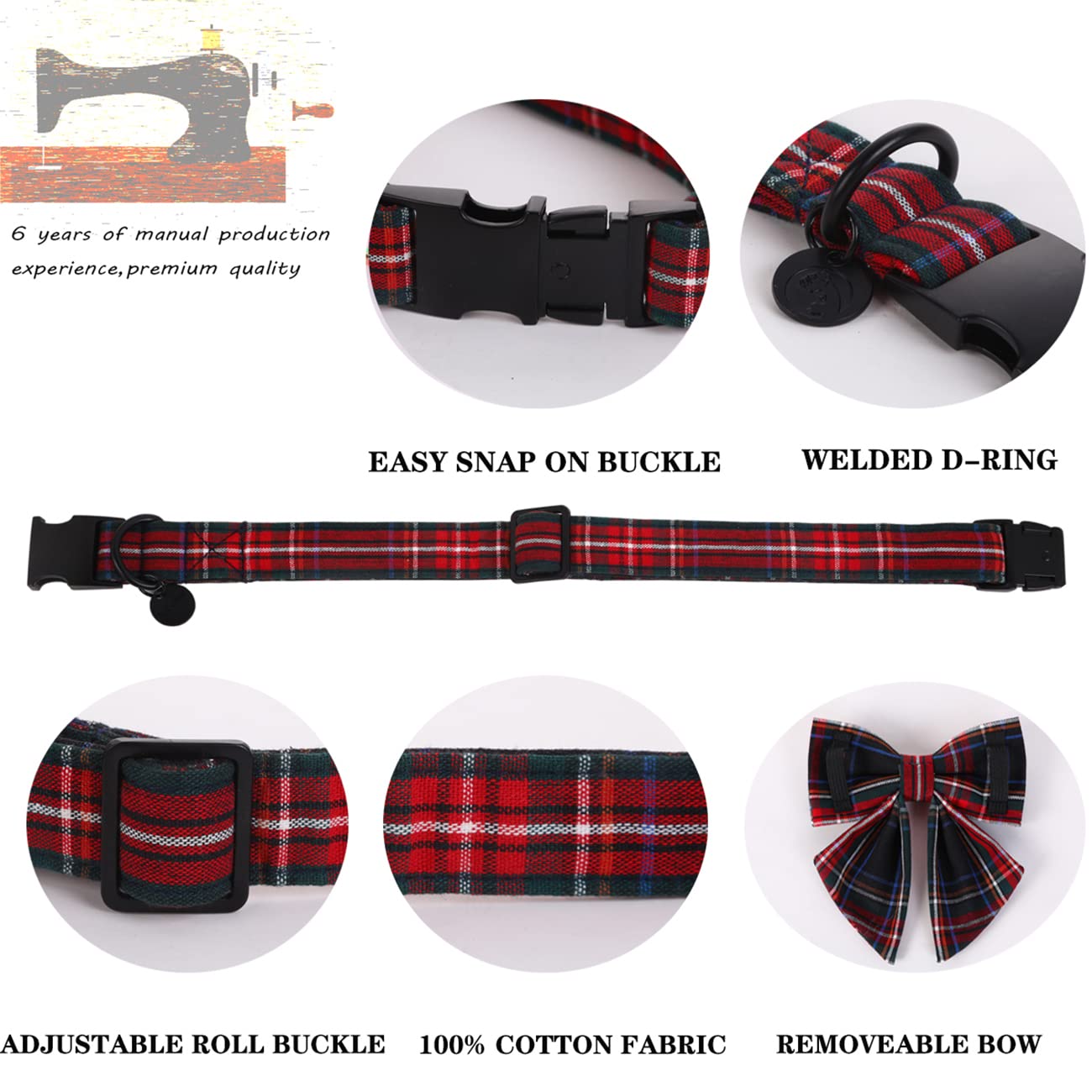 Dogwong Cotton Dog Collar With Bowtie, Stylish Christmas Dog Bow Red Plaid Dog Collar Adjustable Puppy Necklace For Small And Me