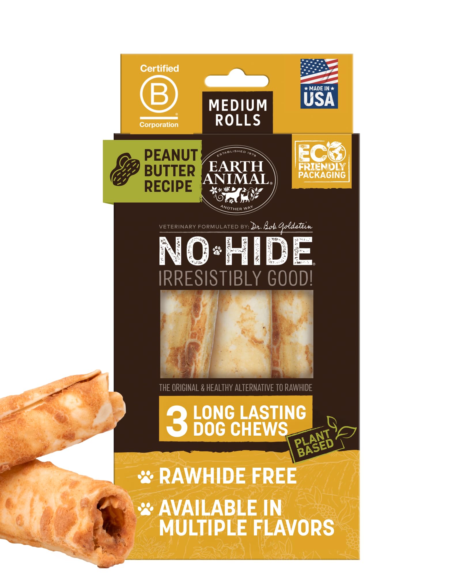 Earth Animal No Hide Chews - Long Lasting Rawhide Free Medium Dog Chews Rolls, Peanut Butter - 3 Count Value Pack