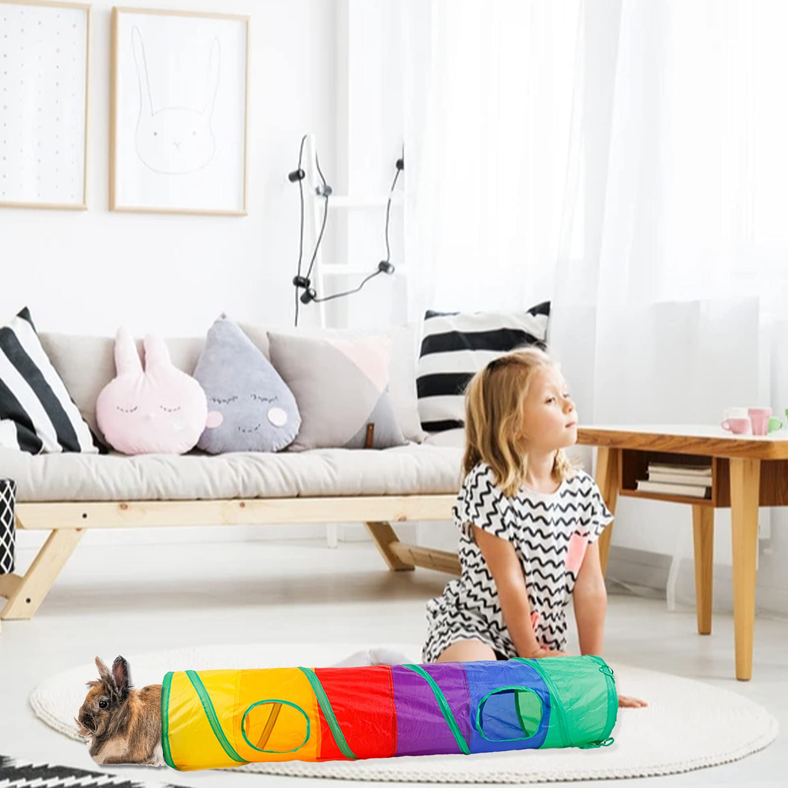 Rabbit Toys, Large Bunny Hideout Tunnel And Tube With Chew Toys For Grinding Teeth Apple Sticks Bamboo Carrot Loofah And Grass B