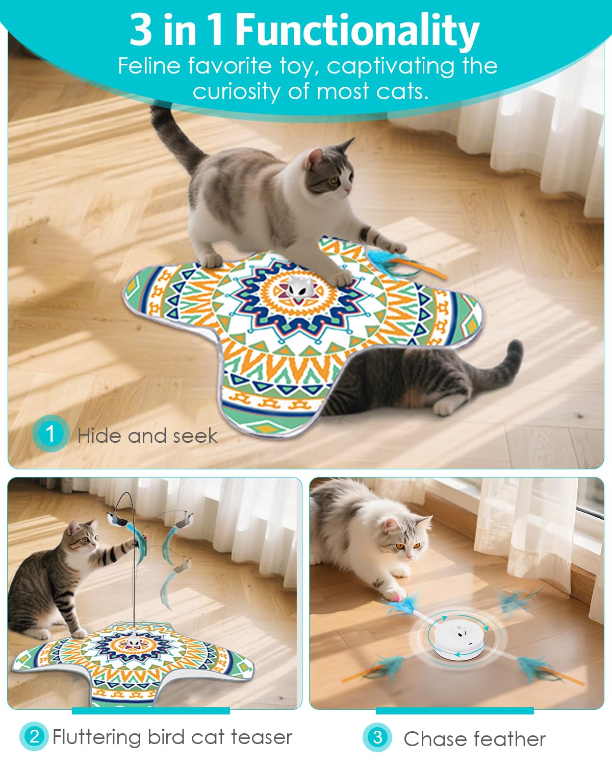 Temracha Interactive Cat Toy, Rechargeable Cat Toys For Indoor Cats, Automatic Cats Chasing Toy, Hide & Seek, 2 Modes, Self-Hold