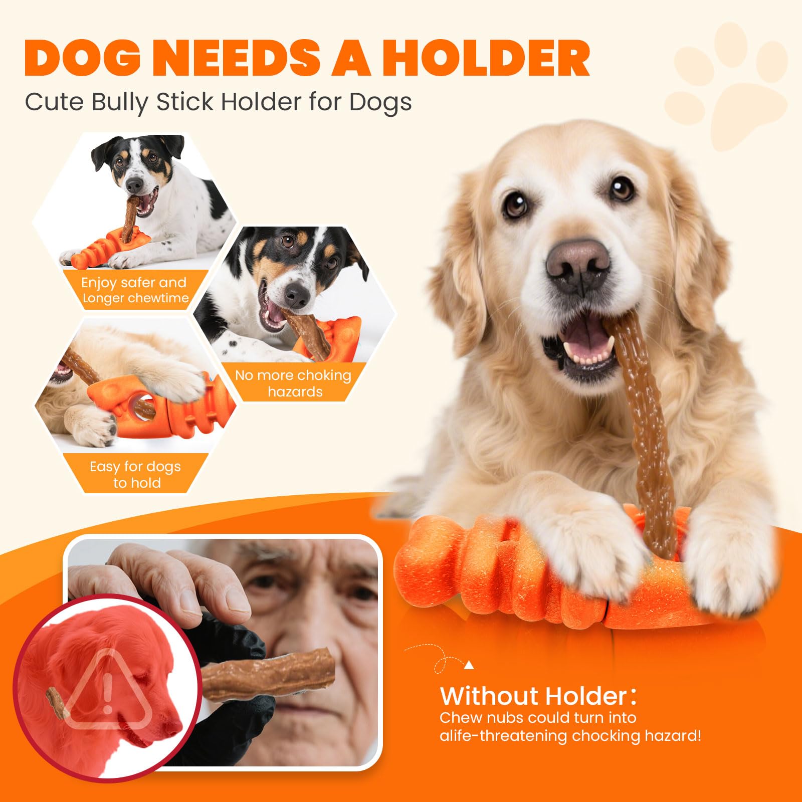 BAEJMJK Bully Stick Holder for Dogs - Durable Chew Toy for Aggressive Chewers, Safety Holder for Medium & Large Dogs, Orange